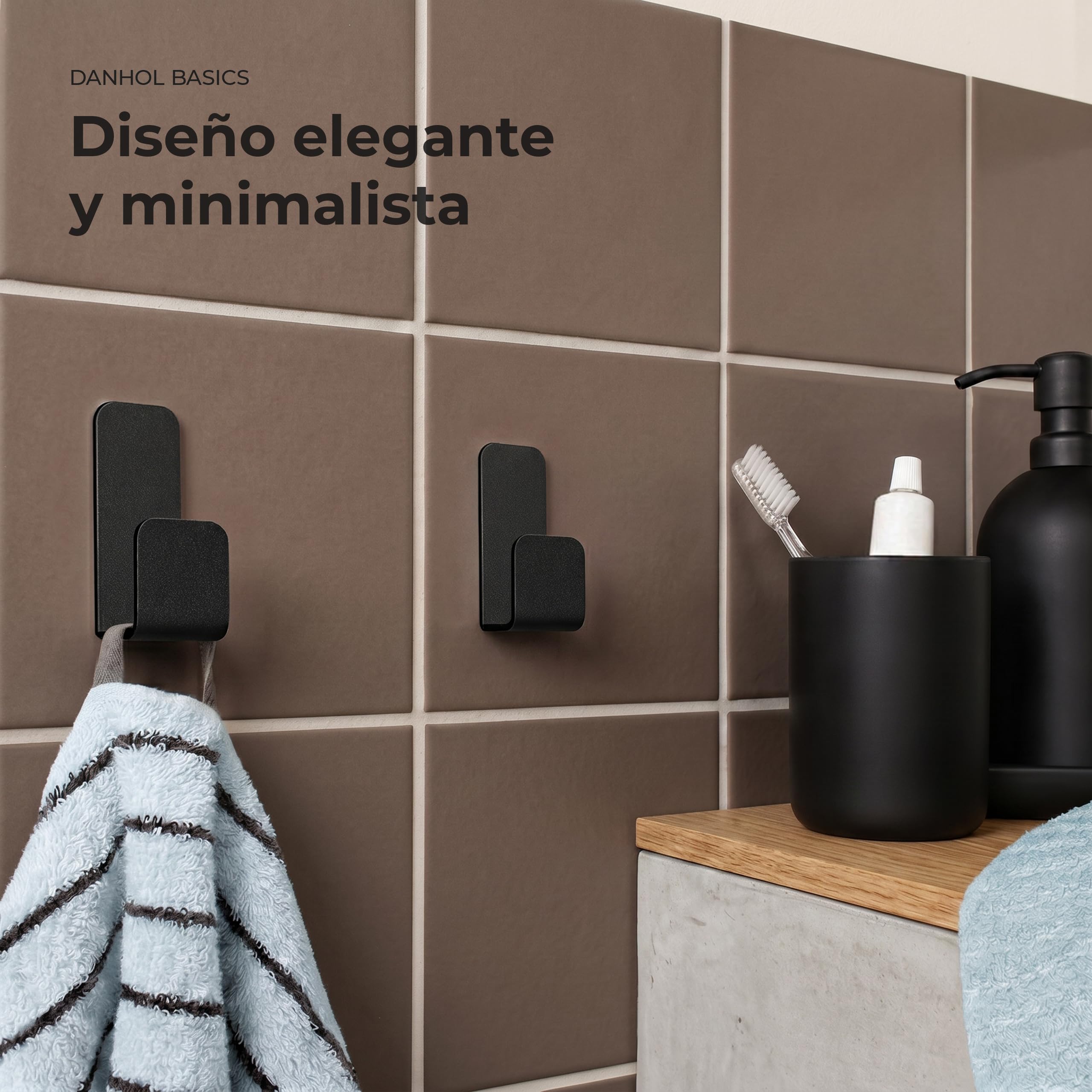 Pack 4 Ganchos Adhesivos para Pared | Colgadores Adhesivos Resistentes | Colgador Toalla Baño sin Taladro | Percha Baño, Dormitorio y Cocina | Negro Mate
