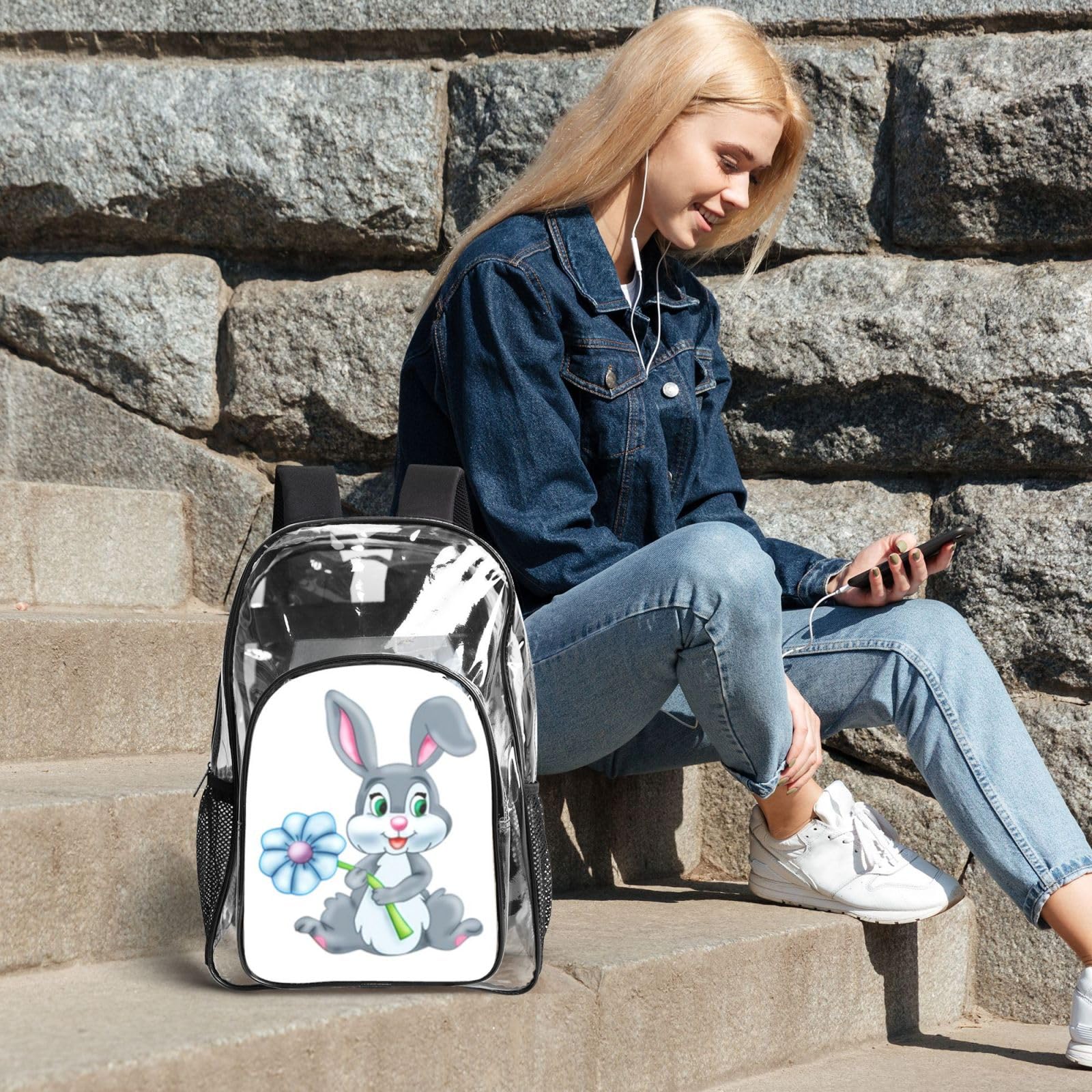 Zabawny wielkanocny królik nadruk unisex przezroczysty plecak zestaw 3-częściowy przezroczysty lunch piórnik podróżny na zewnątrz