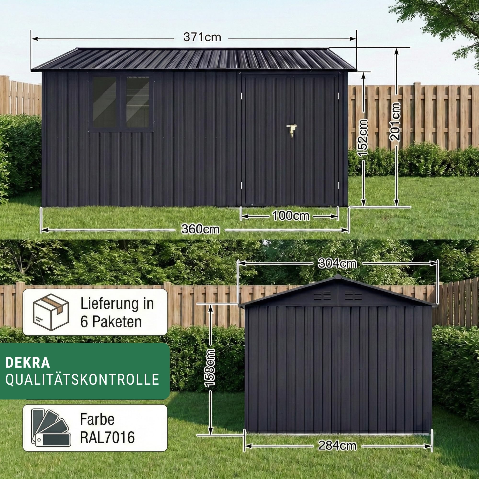 Albatros Gerätehaus 3XL | Anthrazit RAL 7016 | 371x304x201cm (22,6m³) | abschließbar inkl. Schloss & Werkzeughaken | Gartenhaus aus verzinktem wetterfestem Metall | Geräteschuppen Gartenschrank