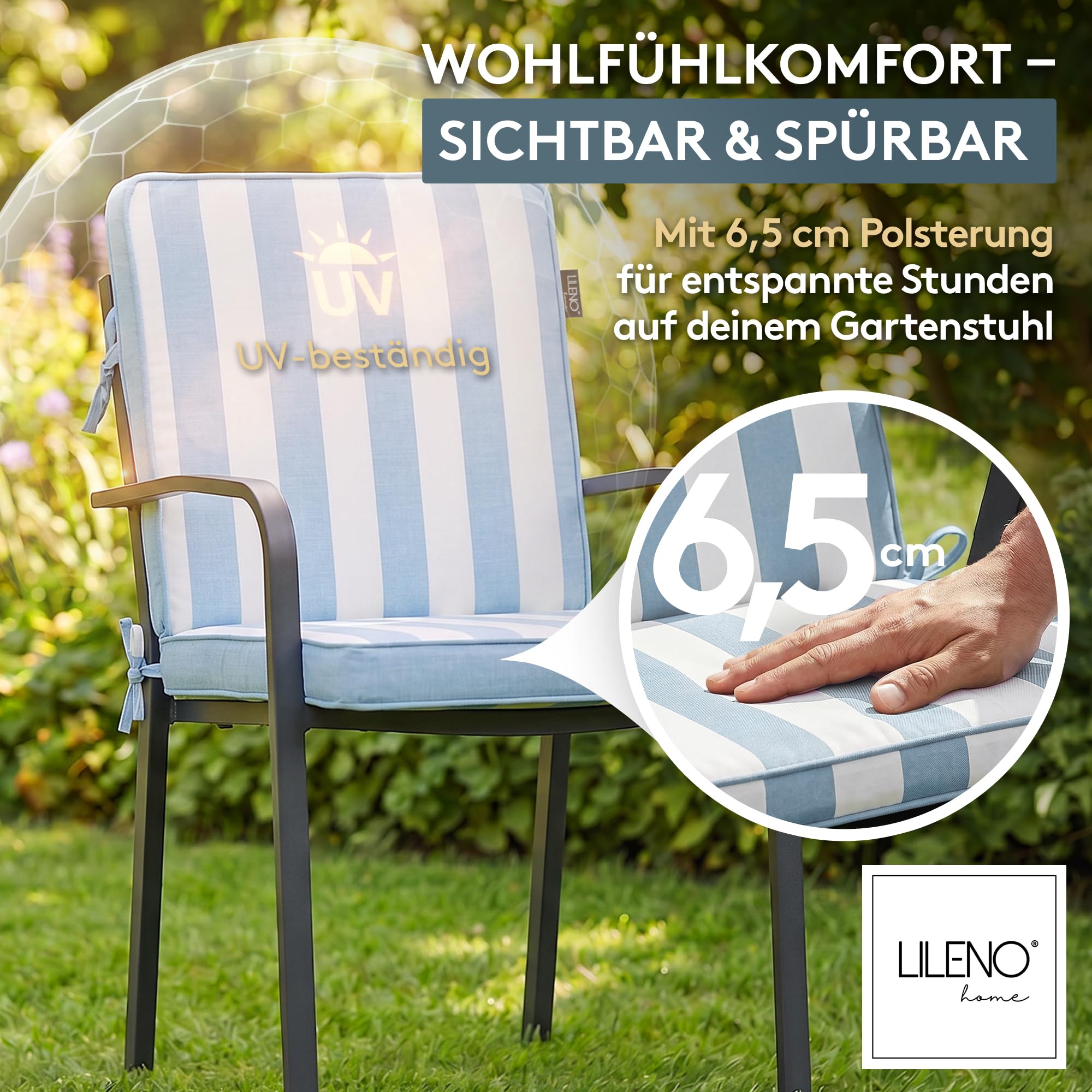 LILENO HOME Gartenstuhl Auflagen als [2er Set - Niedriglehner] in Blockstreifen Aqua - Bequeme Liegen als Sitzauflagen für Gartenmöbel - Stuhlkissen für Gartenstühle und Klappstühle Dub