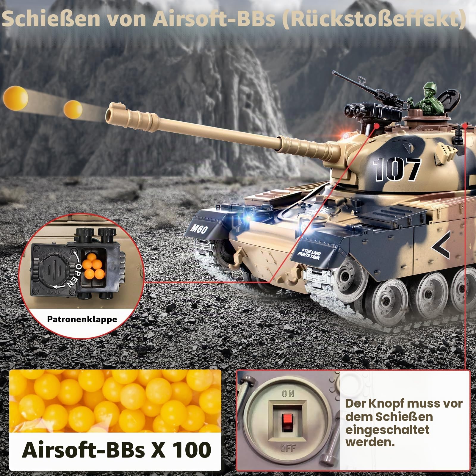 1:18 RC Panzer Leopard II, 2.4GHz Ferngesteuert Panzer mit Schussfunktion, WW2 Militär, Ferngesteuertes Militärfahrzeug mit Metallketten, Rauch, Licht, Sound, Erdiges Gelb für Kinder Erwachsene