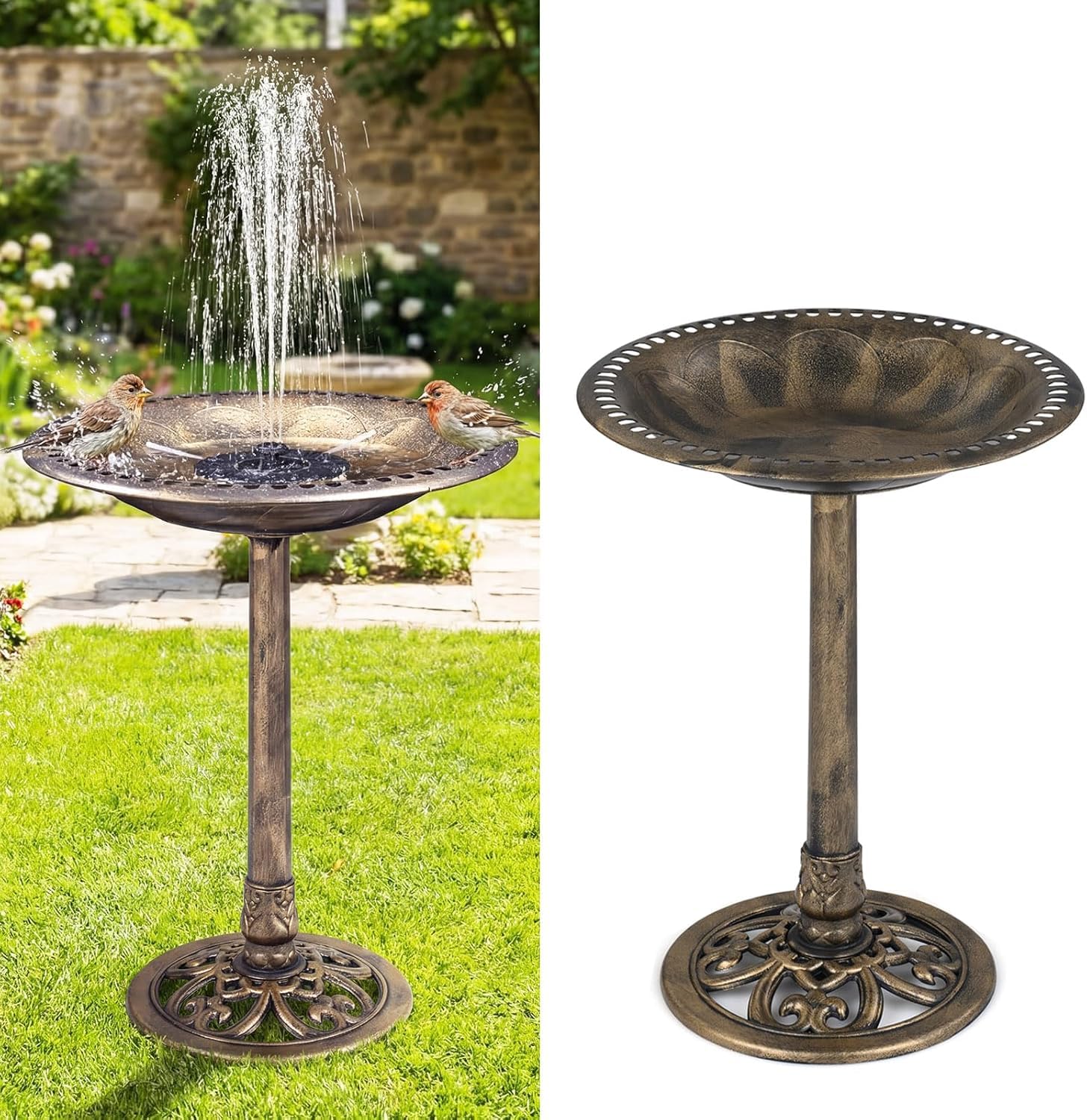 GYMAX Baño para Pájaros con Fuente Solar 2 en 1, Bebedero de Pájaros de Pie Antiguo con 6 Boquillas y 3 Estacas, Comedero para Aves Vintage para Patio, Jardín, 51 x 51 x 71 cm