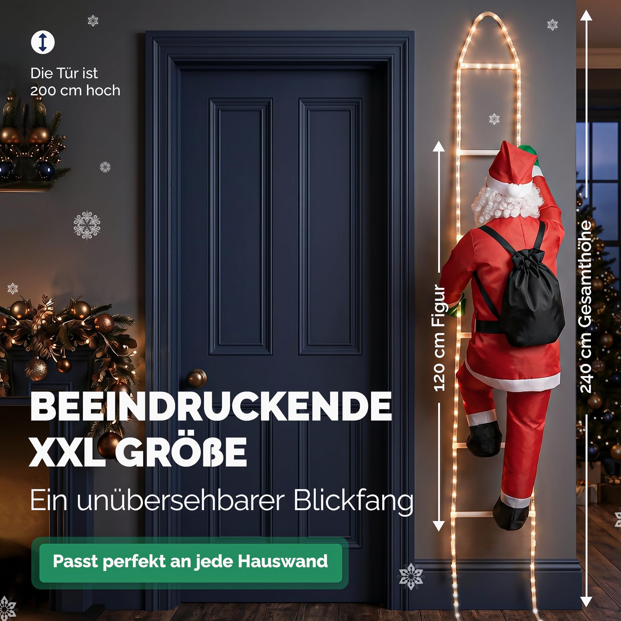 MONZANA LED Weihnachtsmann Leiter XXL In-/Outdoor Timer | 240 cm, 8 Leuchtfunktionen,100 LEDs, Fernbedienung, dimmbar, Santa Claus, Nikolaus, Weihnachten, Figur, Deko