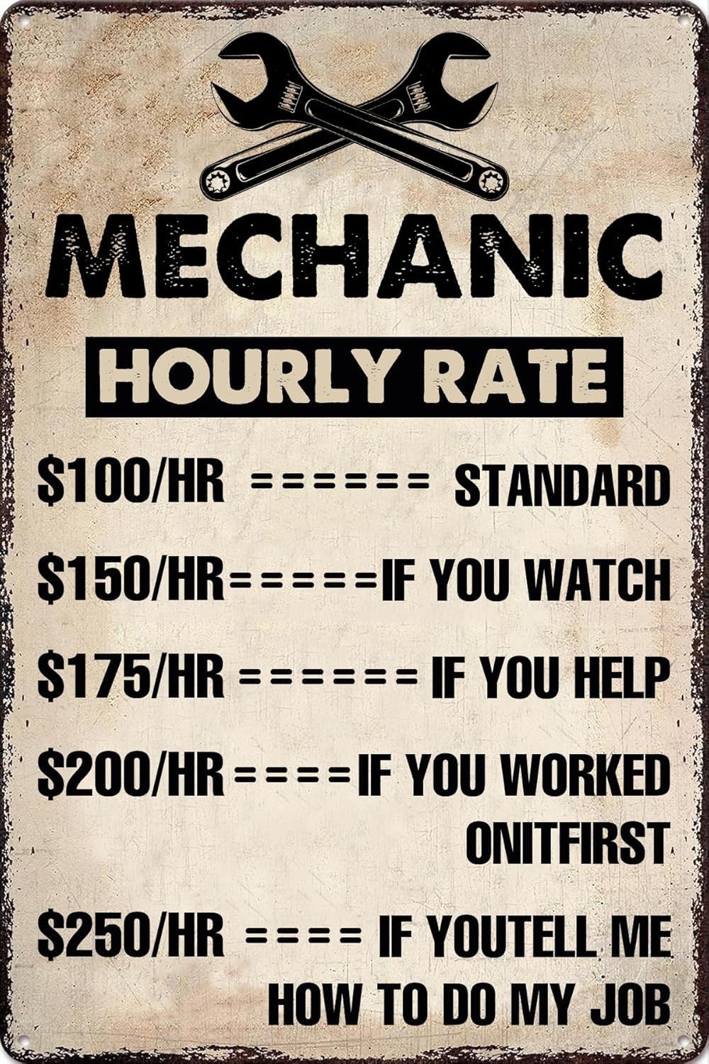 SMAZDFXX Funny Mechanic Hourly Rate Vintage Metal Tin Signs Retro Style Garage Wall Decor Poster for Home Man Cave Cafe Bar Shop Decorative Sign 8"x12"