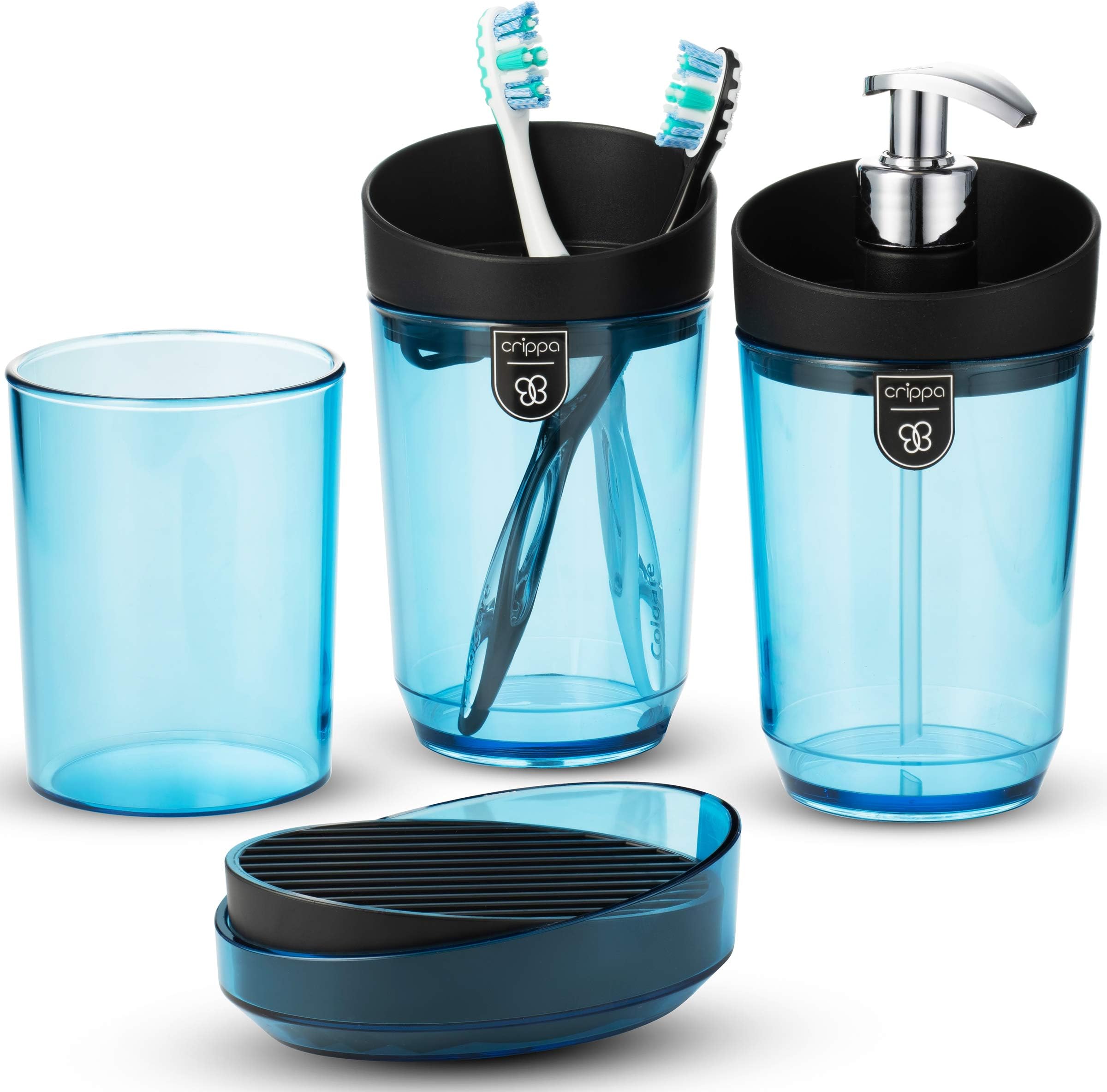 Crippa 4-Piece Turquoise Bathroom Accessories | Bathroom Accessory Set Essentials | Includes Pump Bottle Dispenser, Toothbrush Holder, Tumbler, and Soap Dish | Decorative Bathroom Soap Dispenser Set