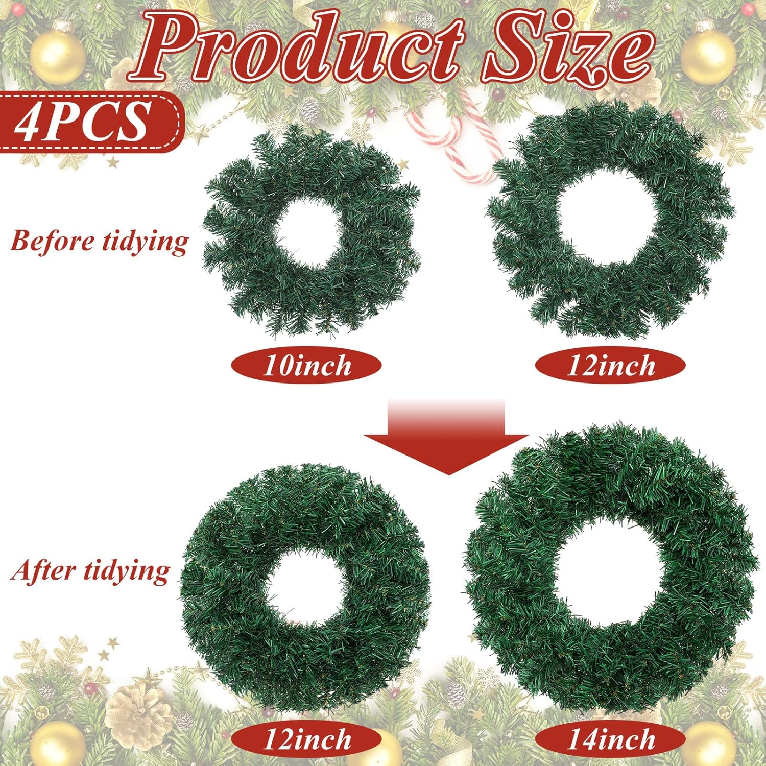hotop 4 pcs artificial christmas wreath for front door christmas green farmhouse wreath diy faux plain wreaths for decorating window room christmas party decor (12 inches,14 inches) 4 12 inches, 14 inches