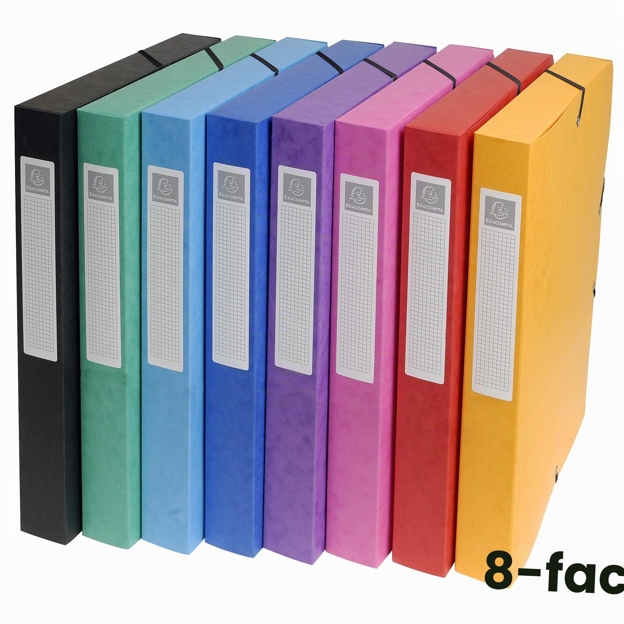 Exacompta 50300E 8er Pack Premium Sammelbox aufgebaut mit Gummizug 25 mm breit aus extra starkem Colorspan-Karton mit Rückenschild für DIN A4 Archivbox Heftbox Sammelmappe 1 Stück Zufallsfarbe