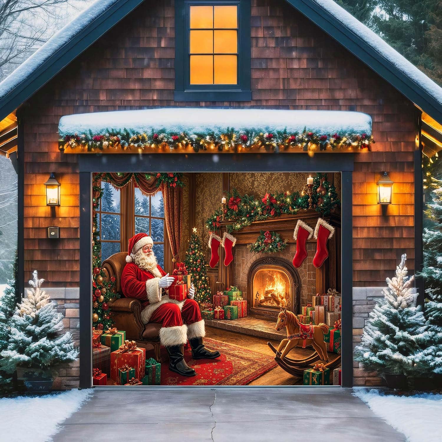16X7ft Christmas Fireplace Garage Door Decorations Cover, Vintage Winter Santa Claus Xmas Tree Garage Background, New Year Xmas Family Holiday Party Outdoor Indoor Yard Decor Supplies
