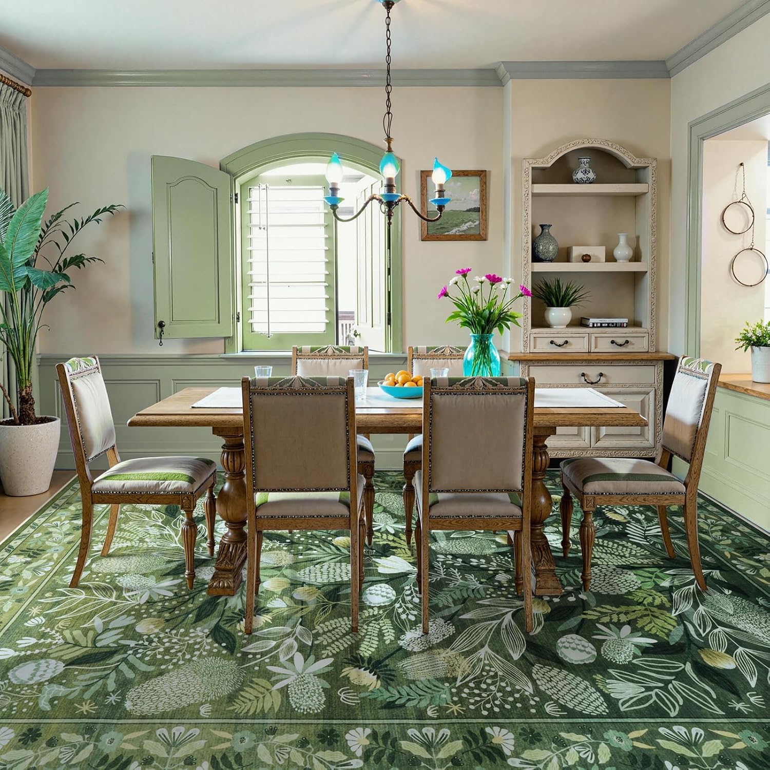 Anidaroel Green Extra Large Area Rug 10x14, Non Slip Washable Rugs for Living Room Stain Resistant Dining Room Rugs for Under Table, Low Pile Indoor Floor Carpet for Bedroom Home Office