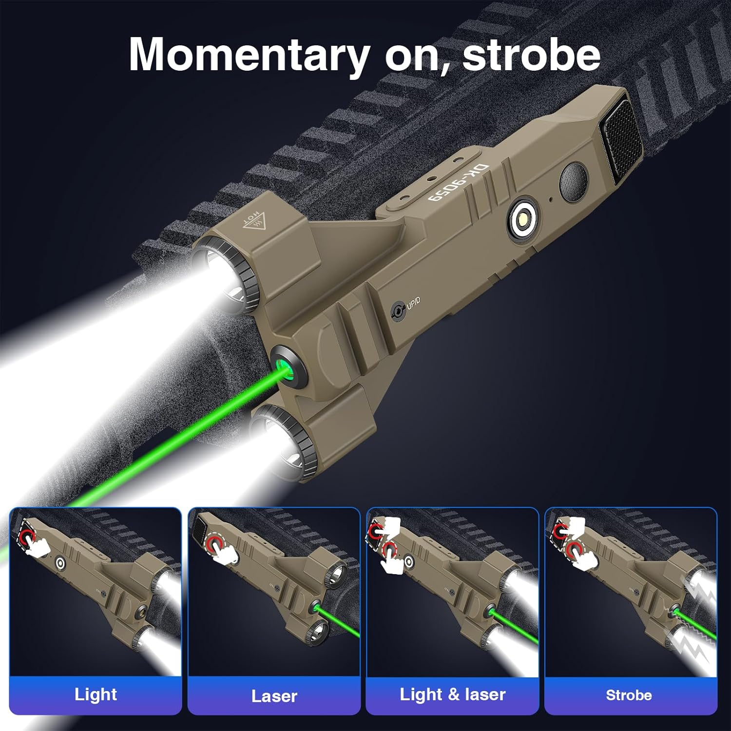 DARKFANG 1450 Lumen Tactical Flashlight with Green Laser Beam Combo, Low Profile Design Rechargeable Weapon Light for Picatinny Rail(FDE)