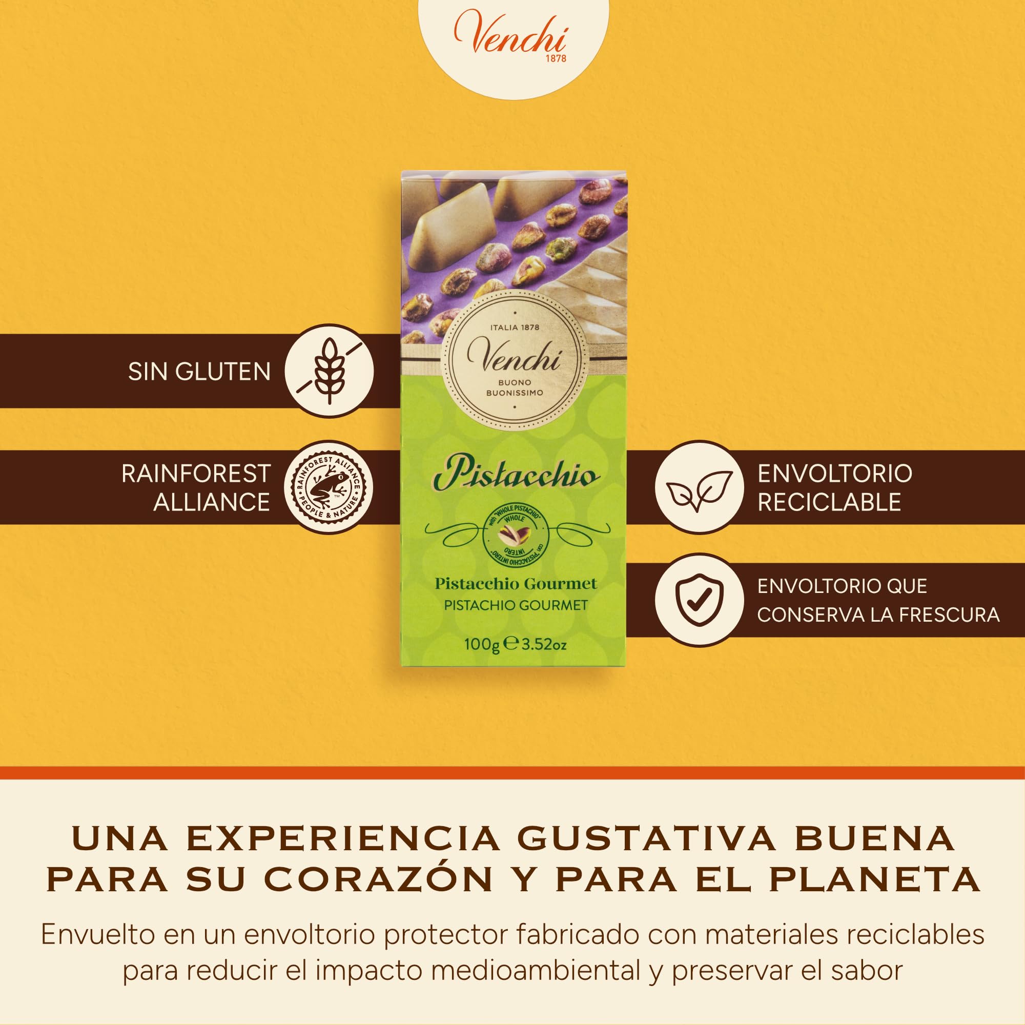 Venchi Tableta de Chocolate Pistacho Gourmet 95 g Sin Gluten