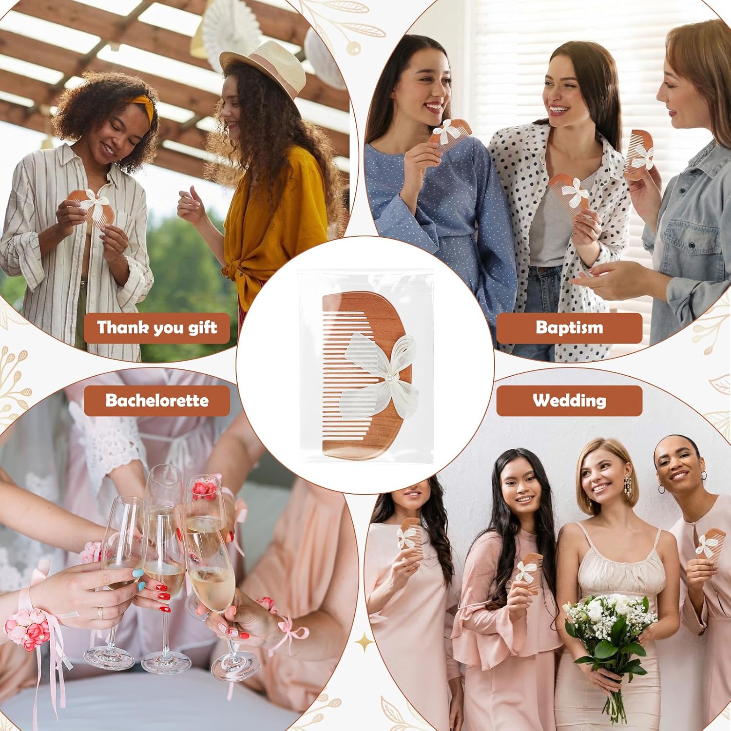 20 Sets Mini Peach Wooden Combs for Women with Pearl Bow