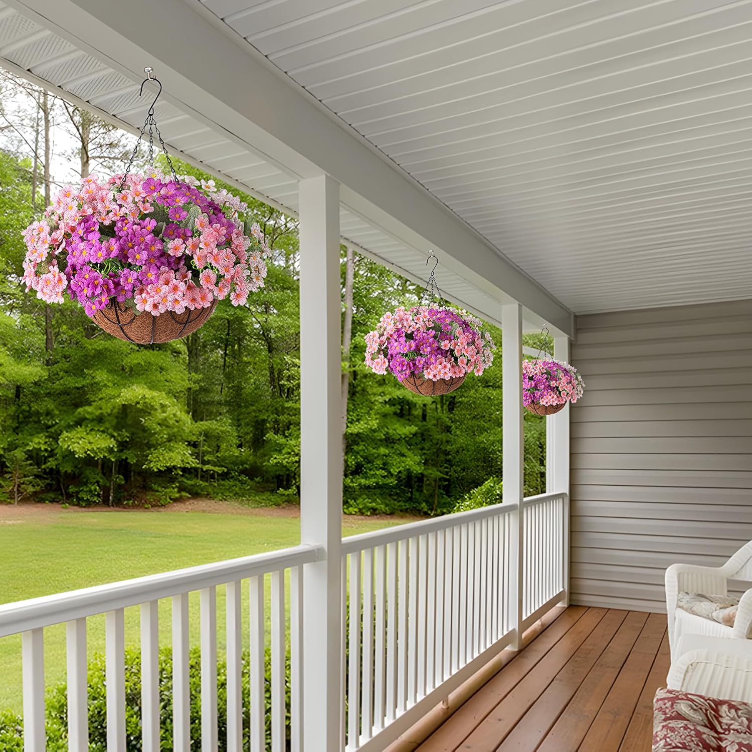 Artificial Flower in Hanging Basket Outdoor Indoor Decoration,Coconut Lining Flowerpot with Faux Plant,Daisy with Eucalyptus Leaves Arrangement for Home Spring Summer Decor(Pink White Purple) - Image 5