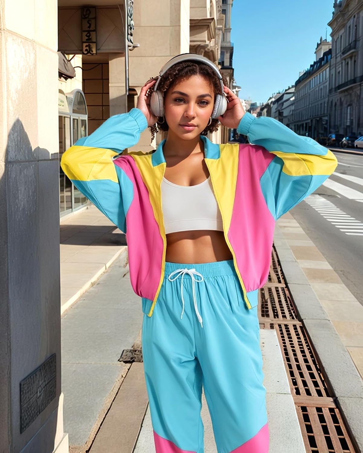 UOUA Women's Color Block 2 Piece 80s 90s Outfits Long Sleeve Windbreaker Jacket Tracksuit Set - Image 4