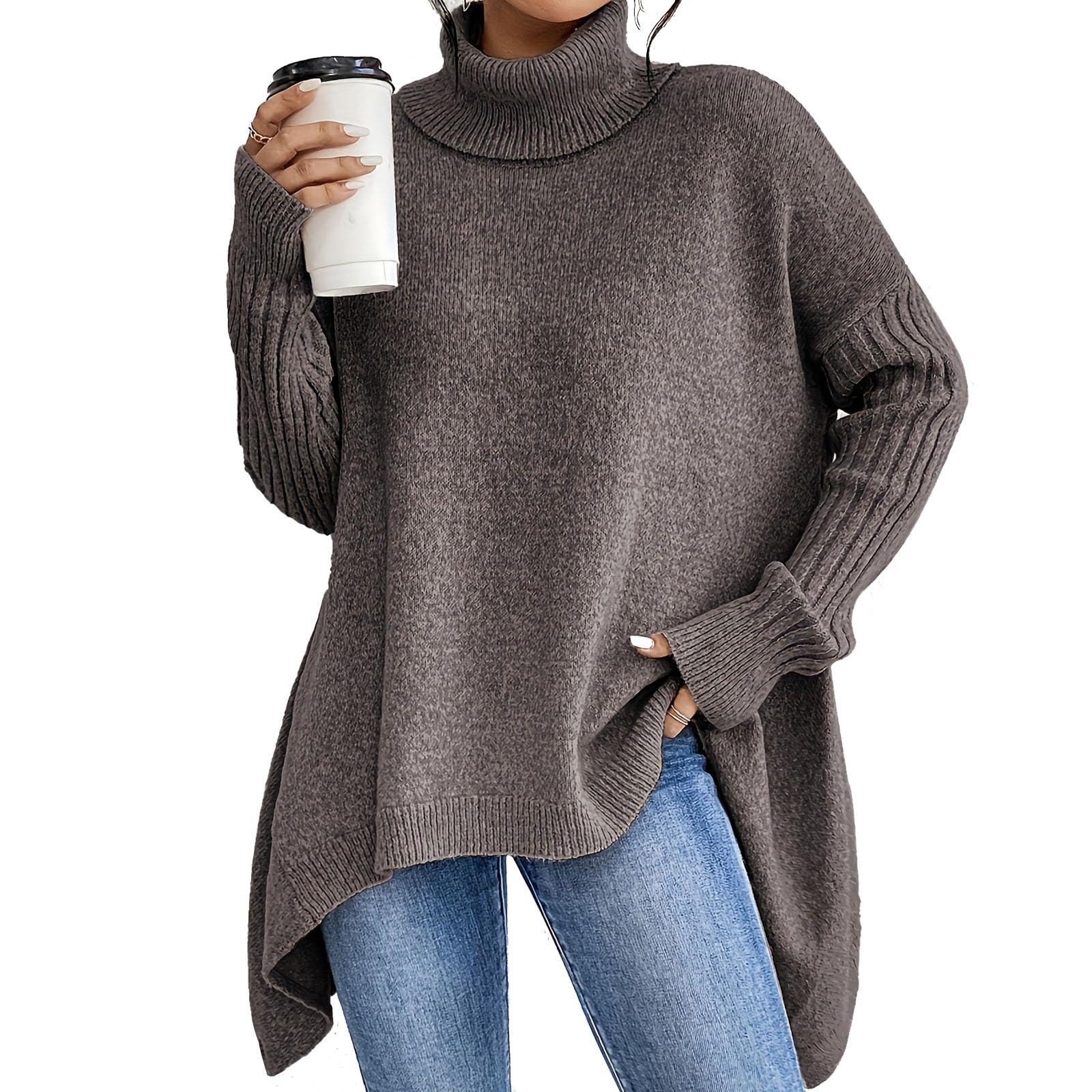 Womens Fashion Solid Color Turtleneck Sweater Drop Shoulder Asymmetrical Hem Sweater Casual Knit Pullover Tops