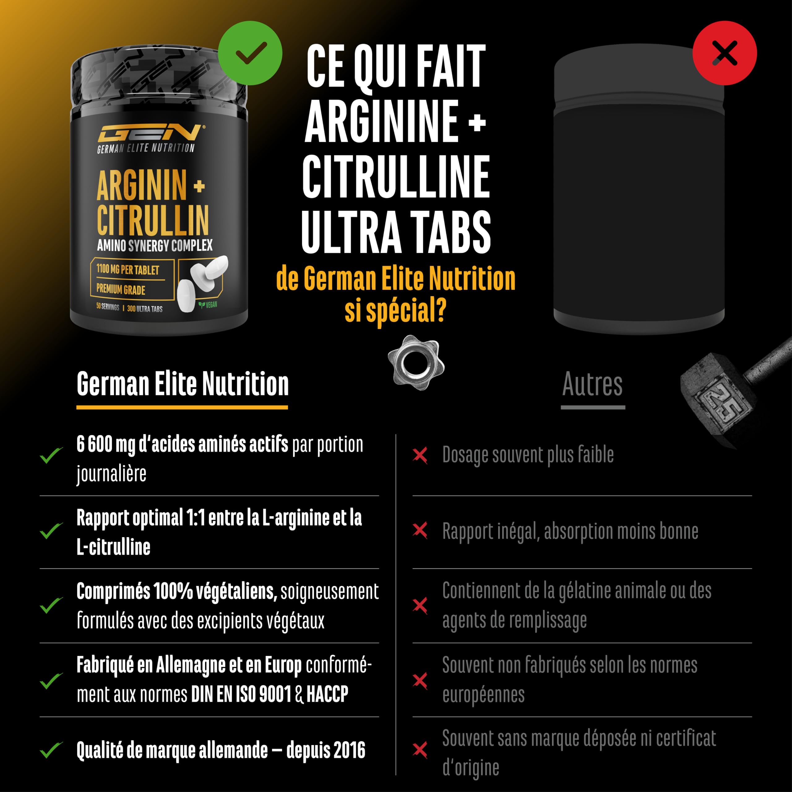 L-arginine + L-citrulline Ultra comprimés - 300 comprimés avec 1100 mg - Association à haute dose de L-arginine base et L-citrulline malate 2:1 - Végan