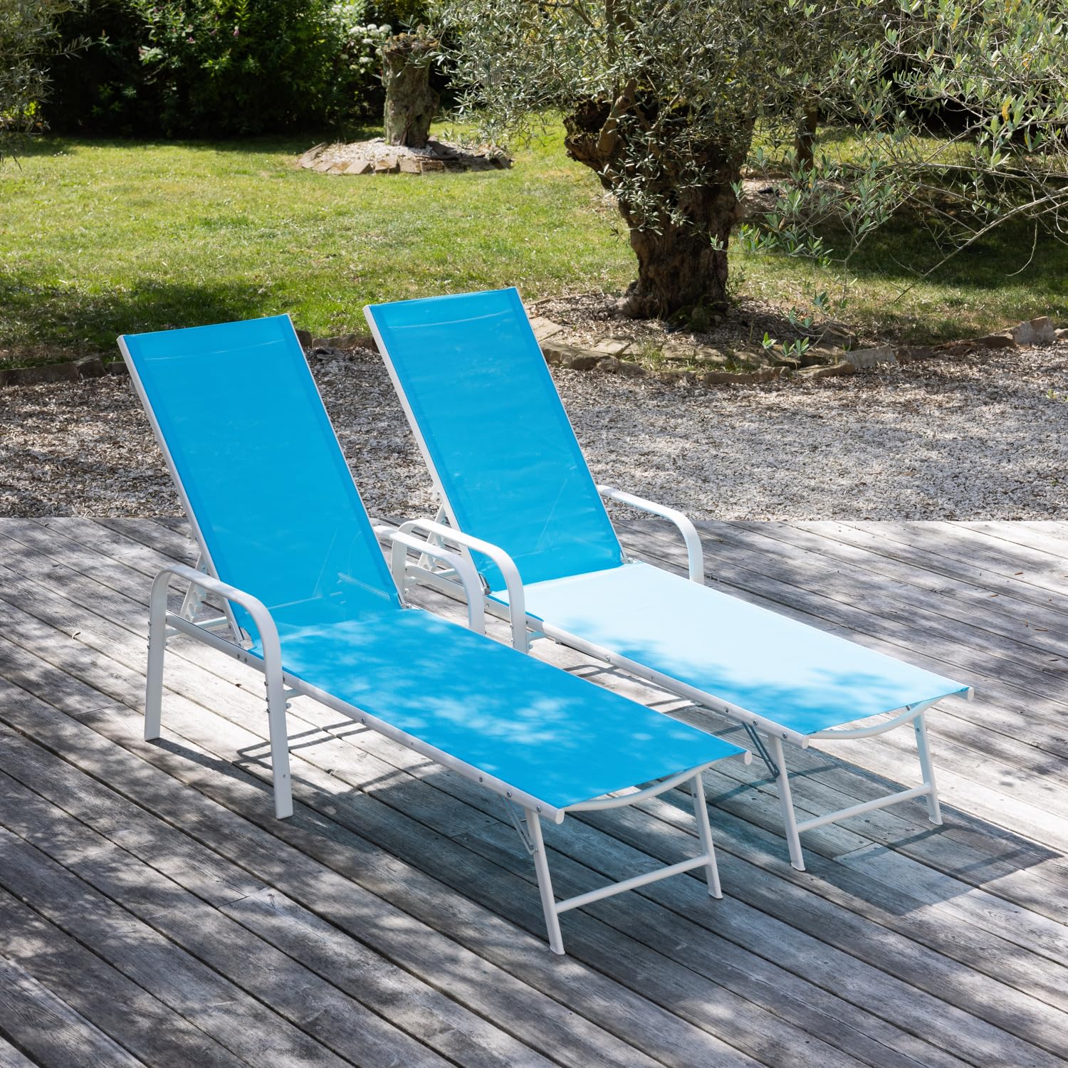 Happy Garden Lot de 2 Bains de Soleil Sardinia en textilène Bleu - Structure Blanche. Bain de Soleil d'extérieur en Acier 5 Positions.