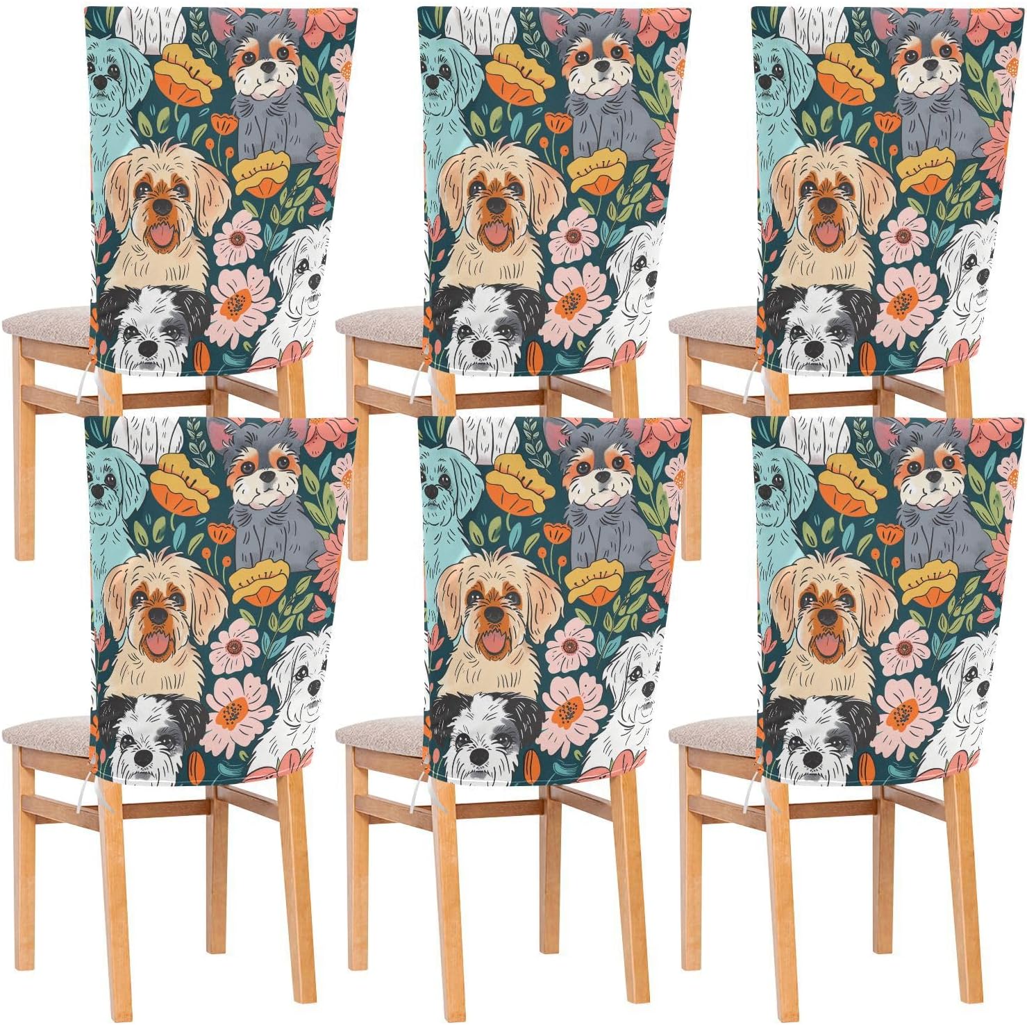 ALAZA Colorful Dogs Flowers Chair Back Cover Set of 6, Washable Reusable Removable Chair Slipcovers Decorative Chair Cover for Home Kitchen Wedding Party