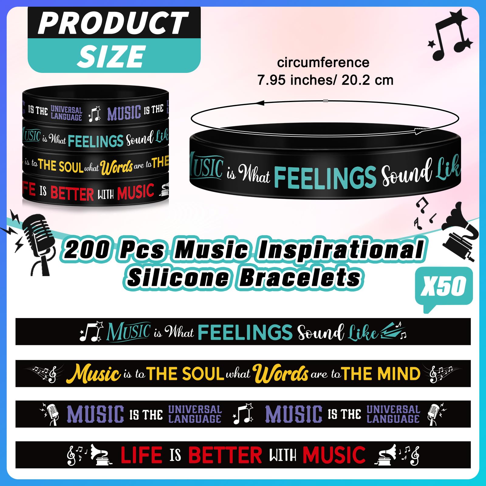 Landical 200 Pcs Music Silicone Bracelets Bulk Rubber Wristband with Inspirational Quote and Piano Notes Music Gifts Musical Event Party Favors for Teachers Adults Musician, 4 Styles