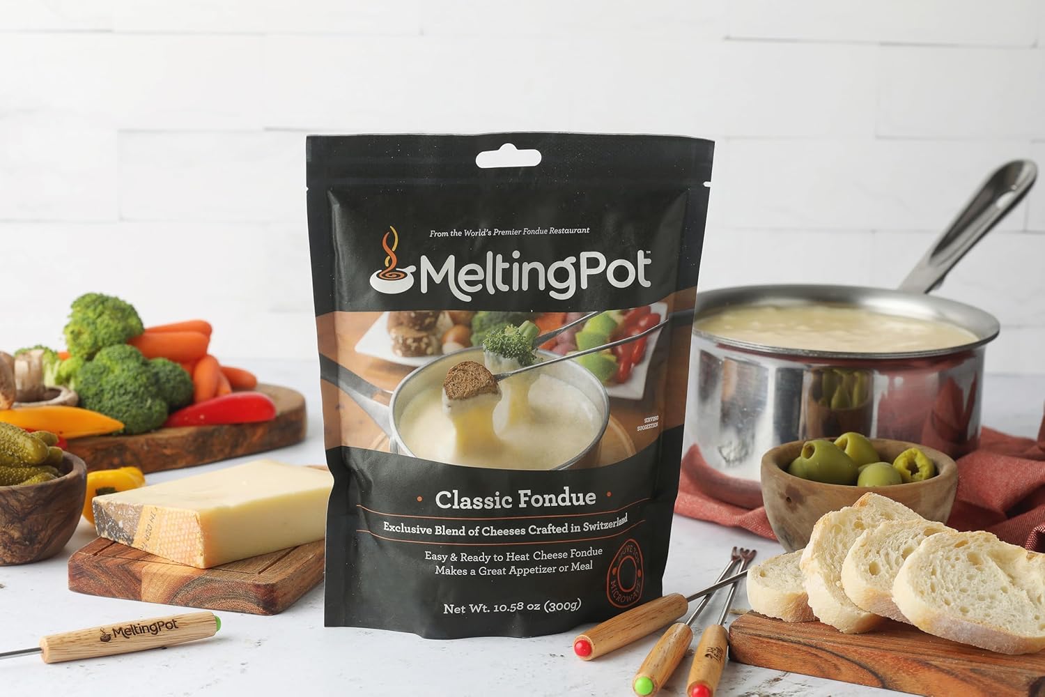 Melting Pot Fondue at Home Bundle; Choice of Protein and Cheese, with Seasoning, Garlic Butter Baguettes, and Caramel Apple Tartlets