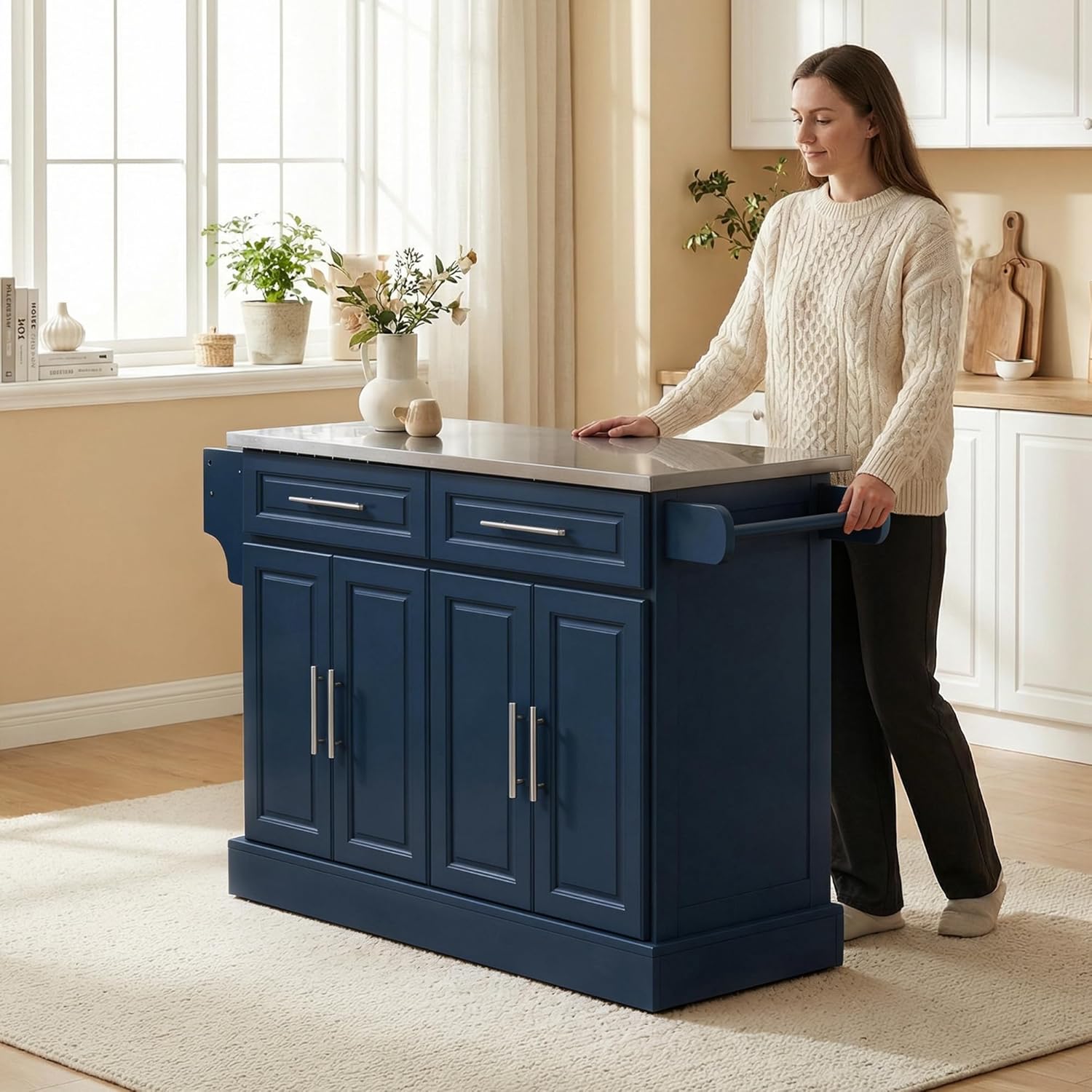 HOMCOM Rolling Kitchen Island Cart with 47" Stainless Steel Top, Portable Island Table for Kitchen with Wheels, Adjustable Shelves, 2 Drawers, Spice, Knife and Towel Rack, Navy Blue