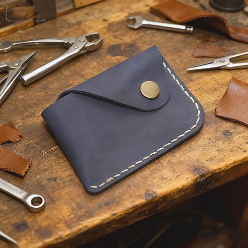 Miniatura 27 de Cartera organizadora de tarjetas de bolsillo frontal cosida a mano minimalista de cuero genuino para tarjetas, billetera con tarjetero pequeño, Negro