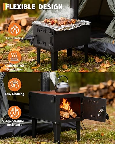 Miniatura 8 de Garvee Estufa de tienda con chimenea larga, estufa de leña, estufa de leña para acampar con tubos de chimenea de 77 pulgadas para acampar al aire