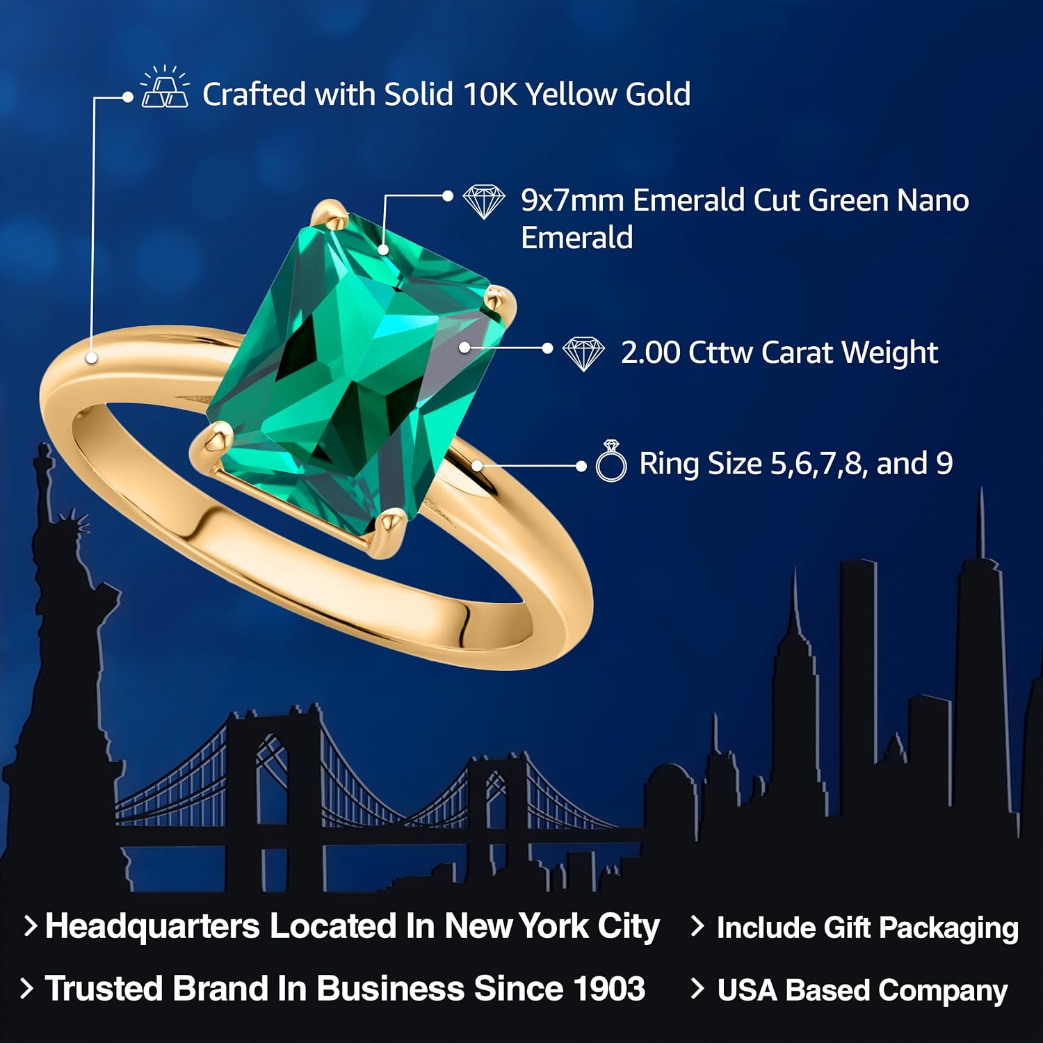 Gem Stone King 10K Yellow Gold Gemstone Birthstone Solitaire Engagement Ring | 9X7MM Emerald Cut | Wedding Anniversary Promise Gold Ring For Women | Available In Size 5, 6, 7, 8, 9