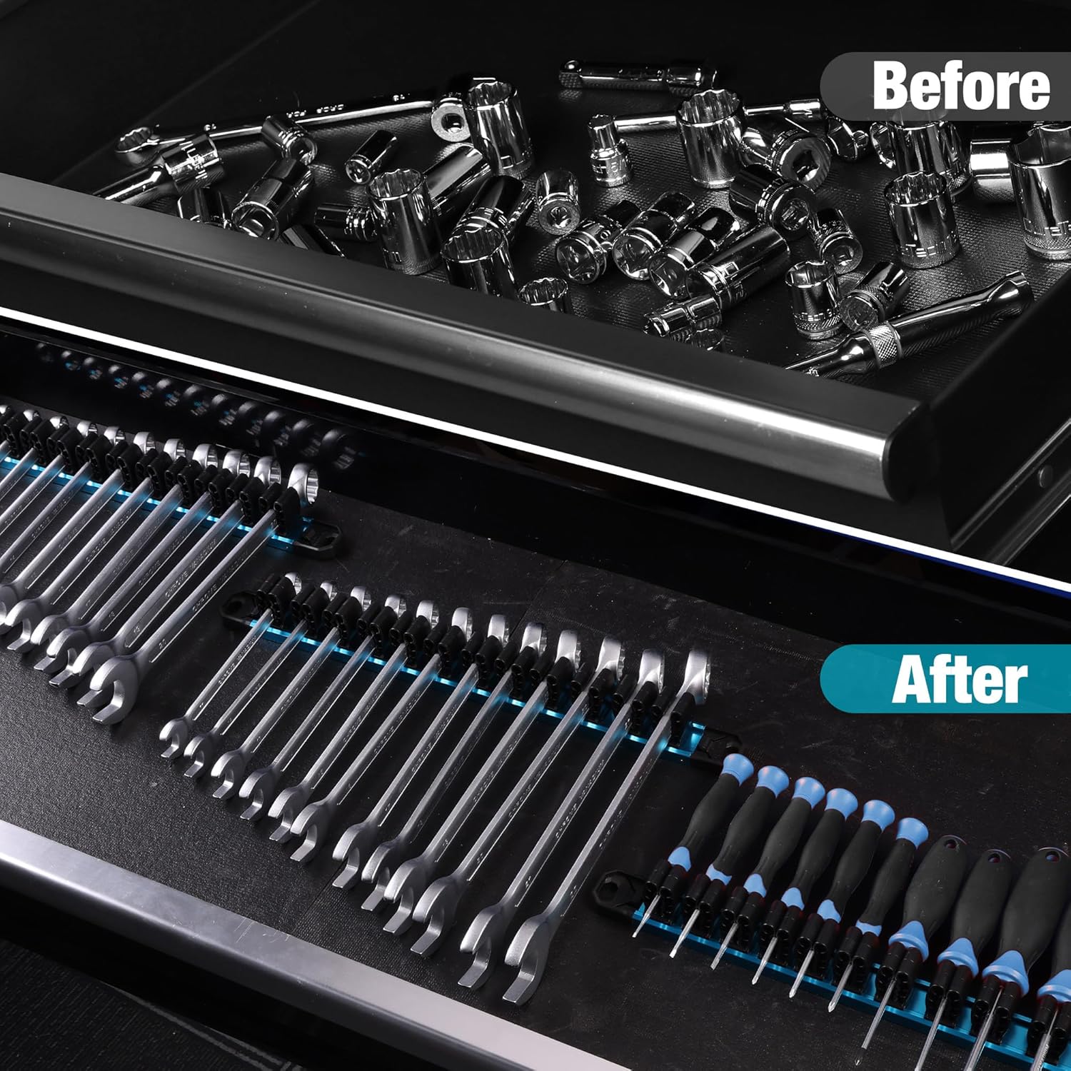 DURATECH Magnetic Screwdriver Organizer and Wrench Organizer, Screwdriver and Wrench Holder, Aluminum Tool Organizer Rail with 72 Slots for Toolbox Drawer and Tool Organization(6PCS)