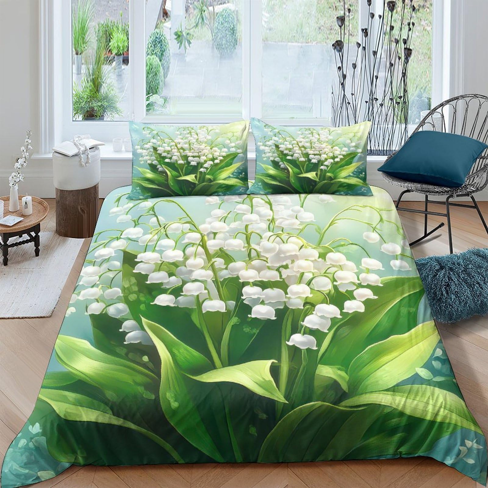 Ctjqhvkz Style-8 3D Printed Lily Of The Valley Fitted Sheet Microfiber Soft Green Leaves Mattress Cover Bedroom Decor Washable Single（135X200cm）