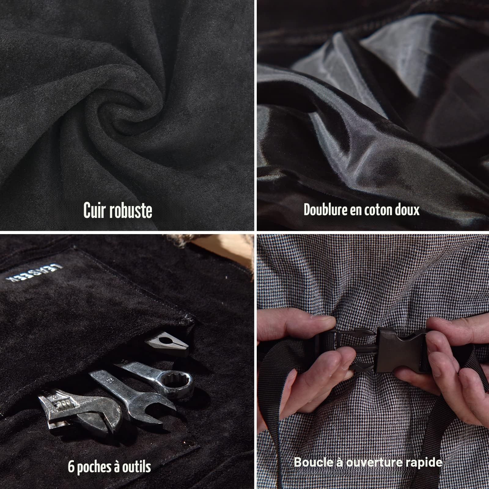 Leaseek Tablier de Soudure, Tablier de Travail en Cuir de Vachette avec 6 Poches, résistant à la chaleur et ignifuge, Bretelles Réglables de M à XXXL pour Hommes et Femmes，Noir