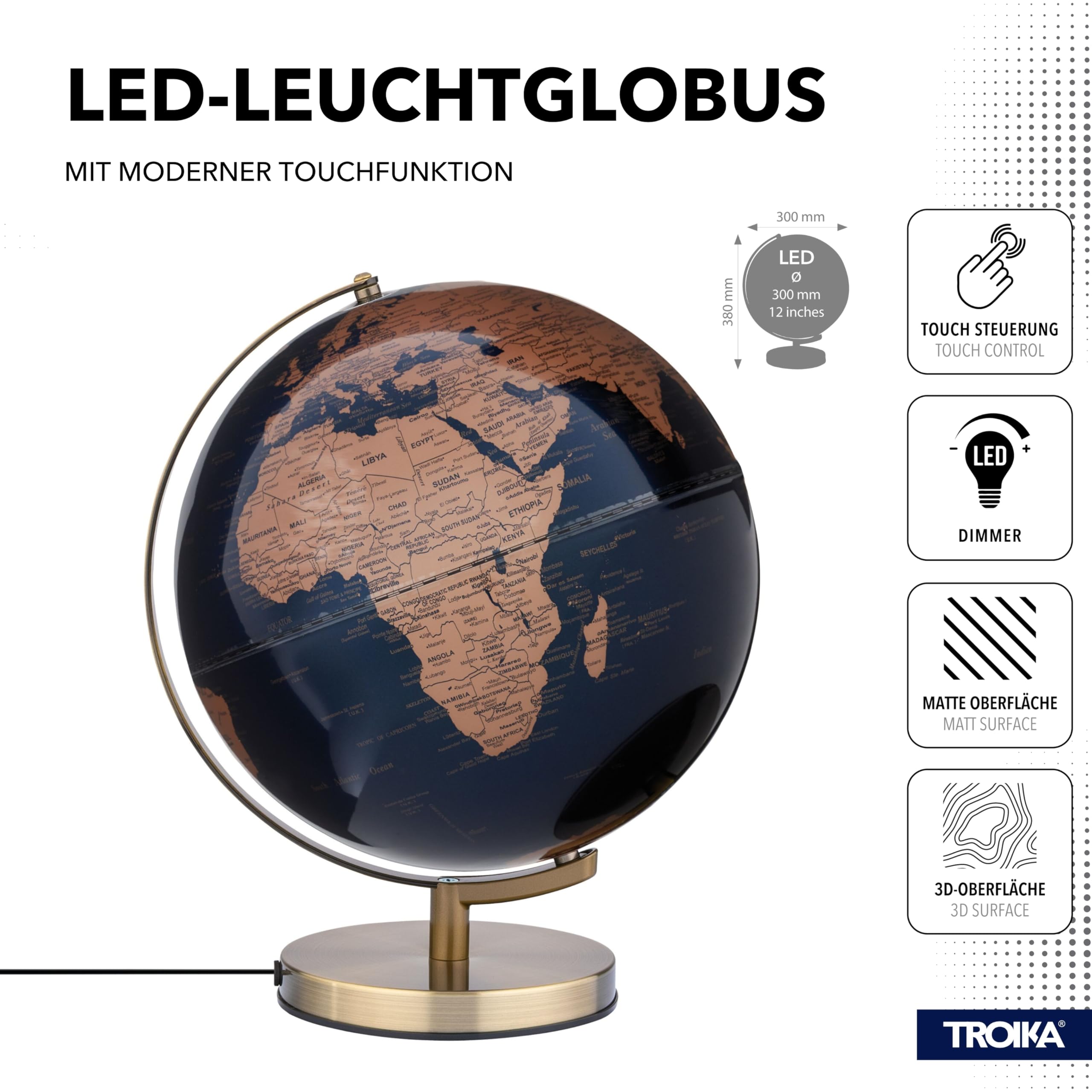 TROIKA Globus beleuchtet Touch Funktion 30cm Durchmesser STELLAR LIGHT TOUCH Beleuchtung inkl. Ladestecker auf gebürstetem Metallfuß aus Kunststoff und Metall in bronzefarben und dunkelblau