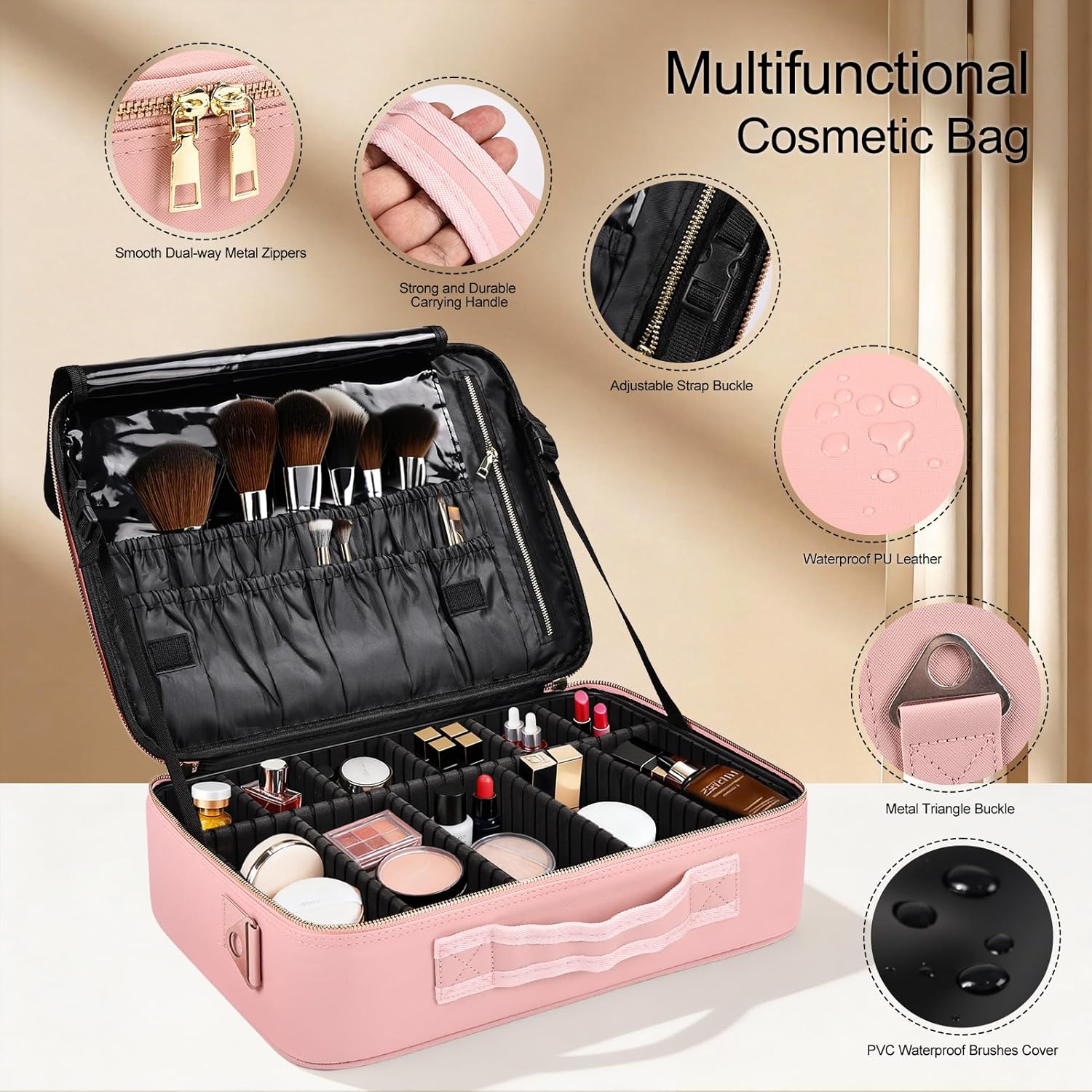 Large Travel Makeup Case, Professional Makeup Train Case Organizer for Women, Cosmetic Brush Bag Holder Waterproof Makeup Artist Storage Box with Adjustable Dividers and Shoulder Strap, Leather Pink