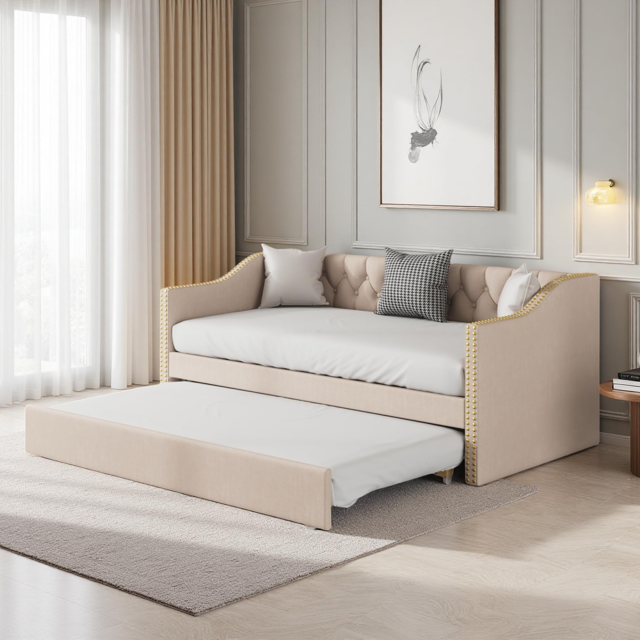 PerGar Sofá cama tapizada y extensible 90/180 x 200 cm, cama juvenil con somieres, multifunción para invitados, estructura de lino beige