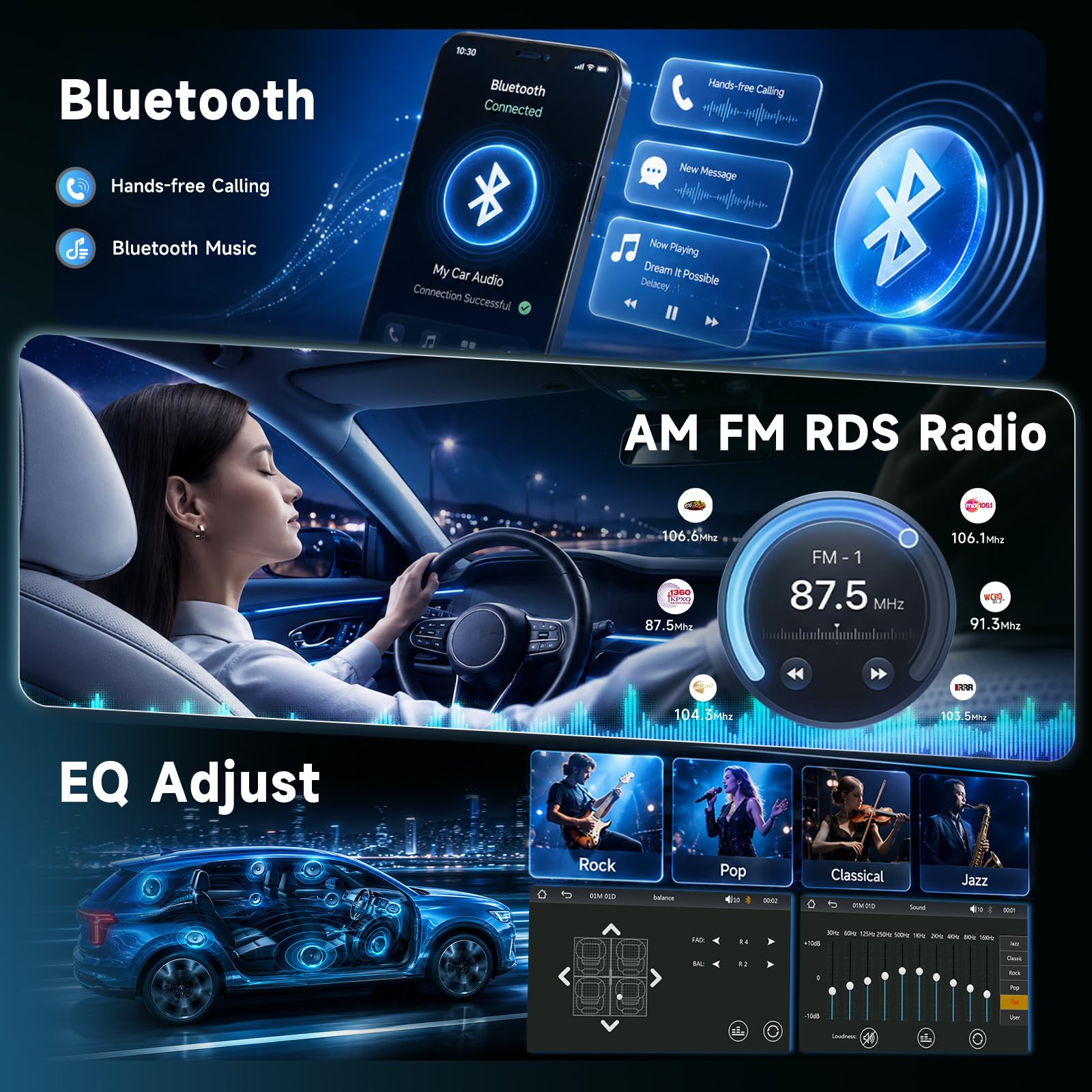 Hodozzy Autoradio für Ford Transit Fiesta Focus Mondeo C-Max S-Max, 2 DIN Radio mit Bluetooth AM/FM/RDS, 7-Zoll-Touchscreen Autoradio mit Bildschirmo Wireless CarPlay Android Auto, EQ Rückfahrkamera