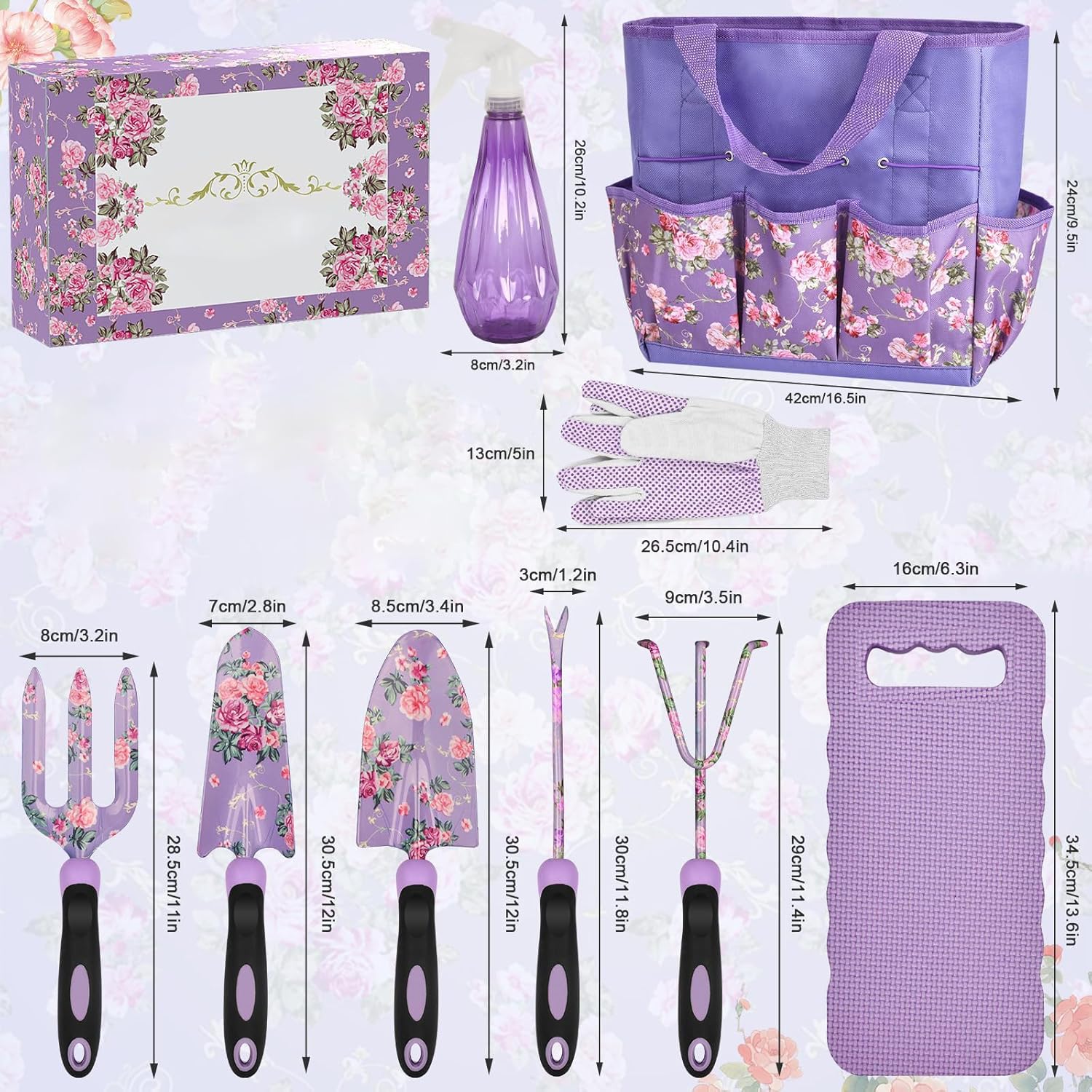 Complete 10 Piece Garden Tool Set in Floral Design with Strong Oxford Storage Bag Perfect for Landscaping Tool Set