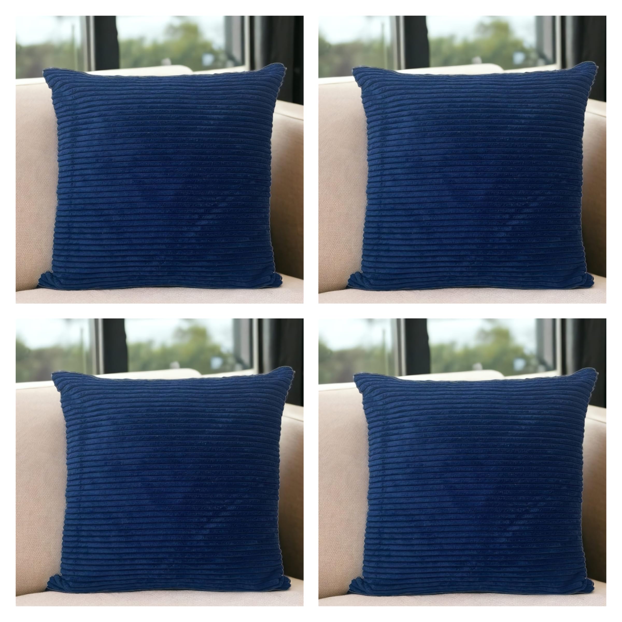 Seechoo Set of 4 - Corduroy Navy Blue Sofa Cushion Covers 45 x 45 cm Decorative Pillows, 45 x 45 cm (Pack of 4)