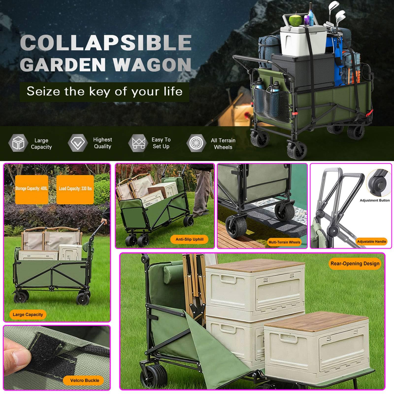 Carrello Pieghevole 2-in-1 & Lettino Solare, Carretto Spiaggia Portatile con Ruote A Tutti I Terreni - per Campeggio, Festival, Shopping, Giardino E Picnic, capacità Max 150kg