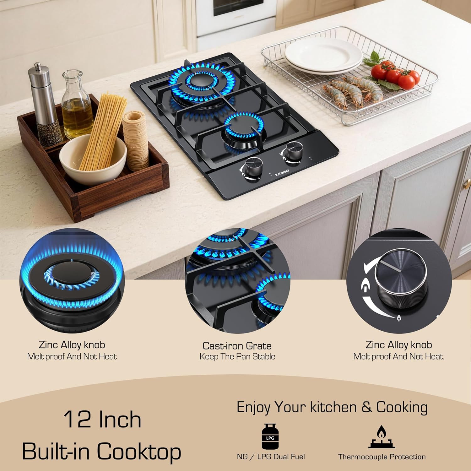 2 burner gas cooktop, 12 inch built-in propane stove top, ng/lpg dual fuel with thermocouple protection, black enamel cooktop for apartment & rv
