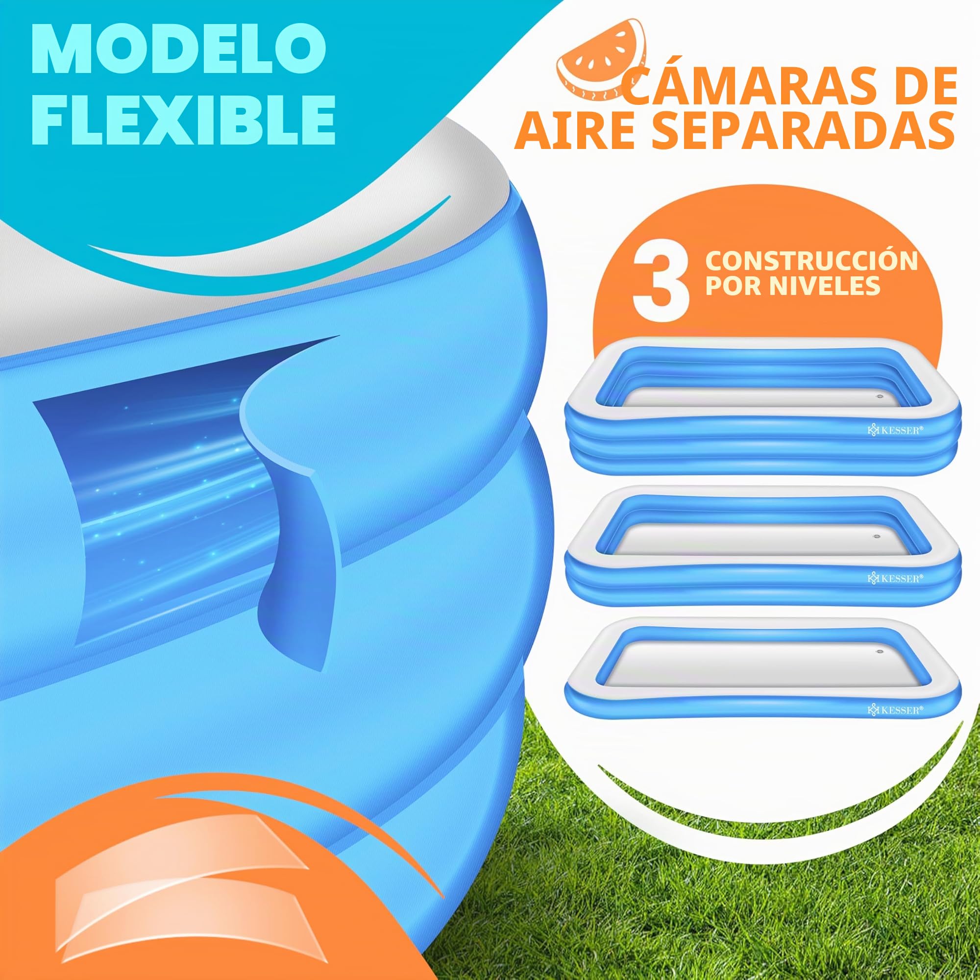 KESSER® Piscina Familiar Inflable para Niños y Adultos, de Jardín y Verano, 240 x 142 x 56 cm, 613 Litros, con Agujeros de Drenaje