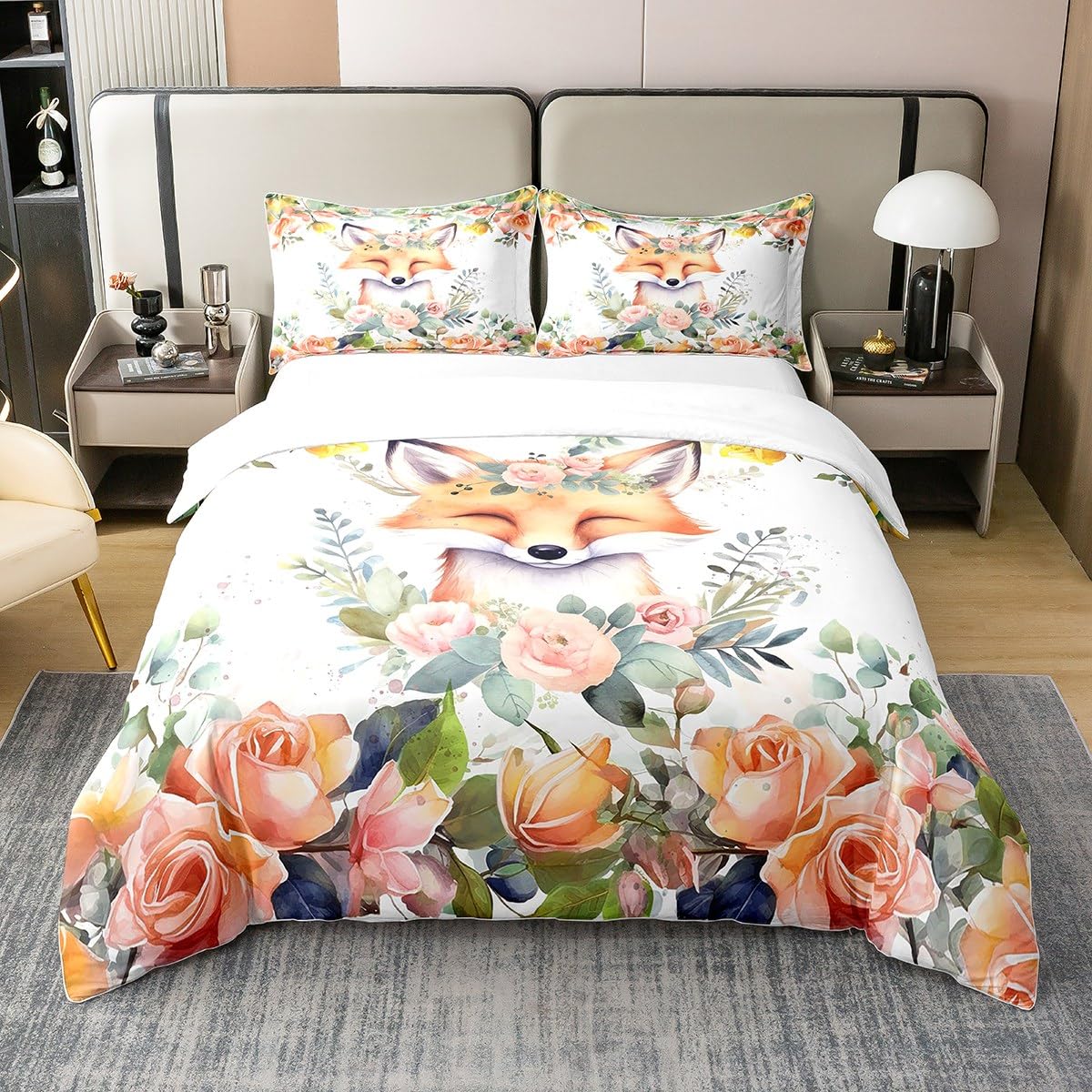 Housse de couette Saint Valentin romantique avec motif faune sauvage et fleurs
