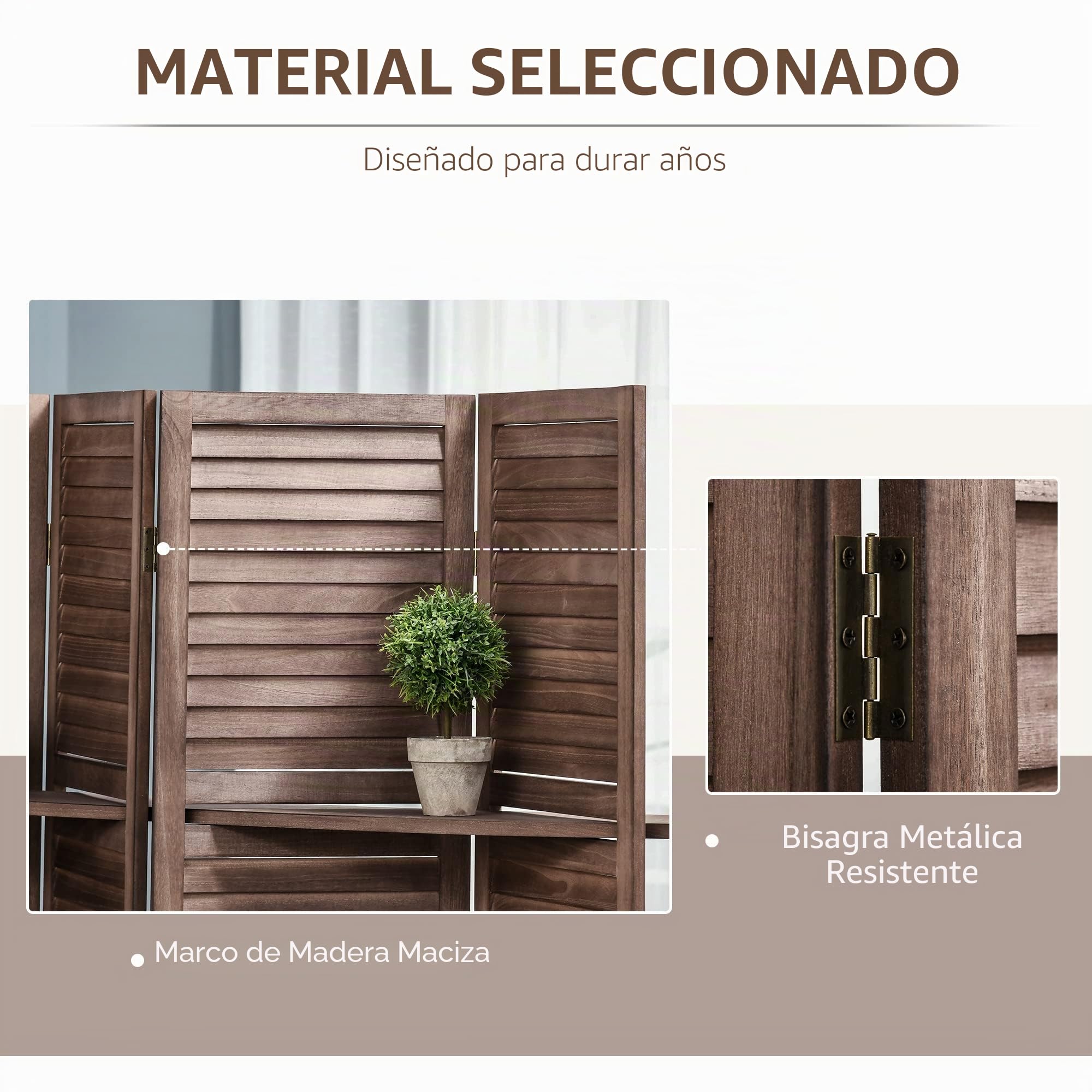 HOMCOM Biombo Plegable de 4 Paneles con 3 Estantes 162x170 cm Nogal