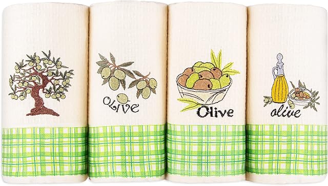 Lavien Home, Kitchen Towels Highly Absorbent Soft Tea Towels Housewarming Gift Olives (Set of 4) Turkish Cotton Waffle Weave Embroidered Green Farmhouse Decor, 16 x 24 inches