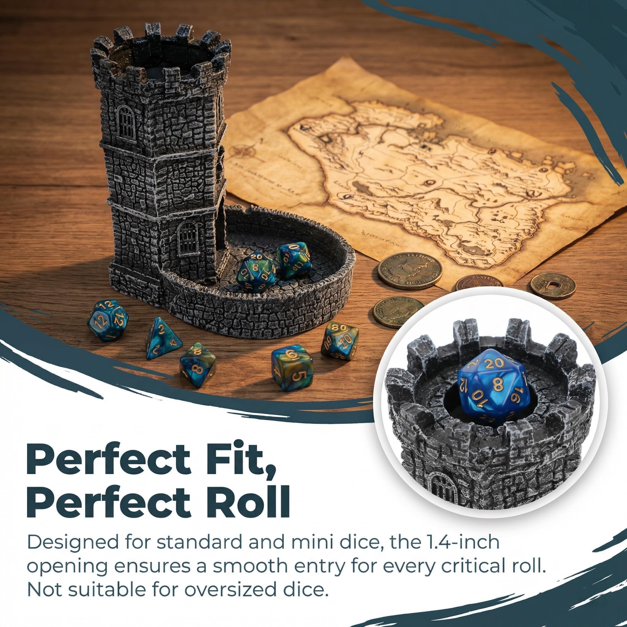 Torre de dados de castillo con bandeja, torre rodante de dados DND y bandeja para Dungeons and Dragons para juego de mesa, D&D y RPG, MTG