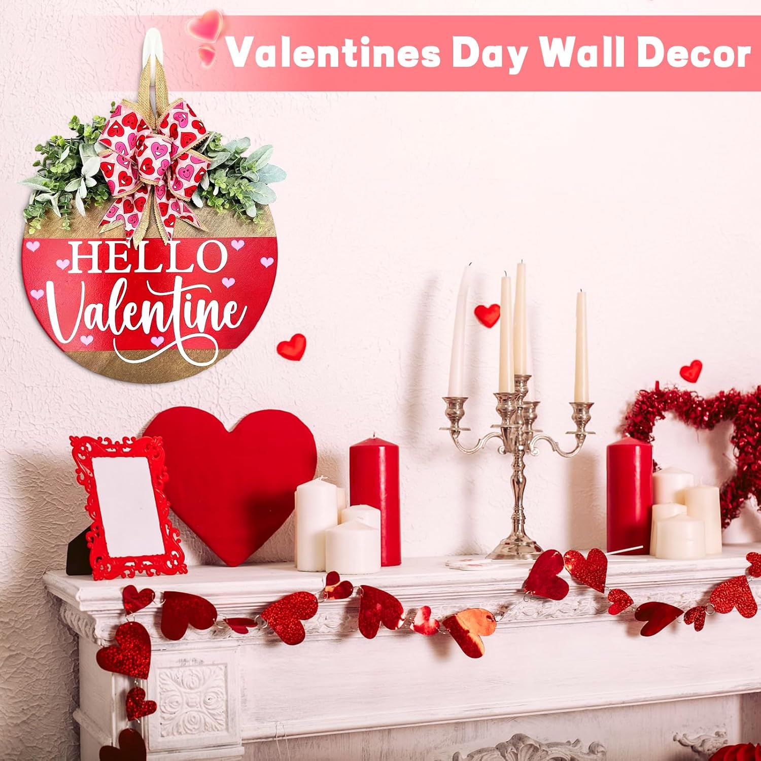 Valentine's Day Welcome Wreath Sign Decorations, Hello Valentine Hanging Sign for Front Door, Valentine's Day Wooden Door Wreath with Bow for Holiday Rustic Farmhouse Outdoor Wall Window Decor (Red) image 3
