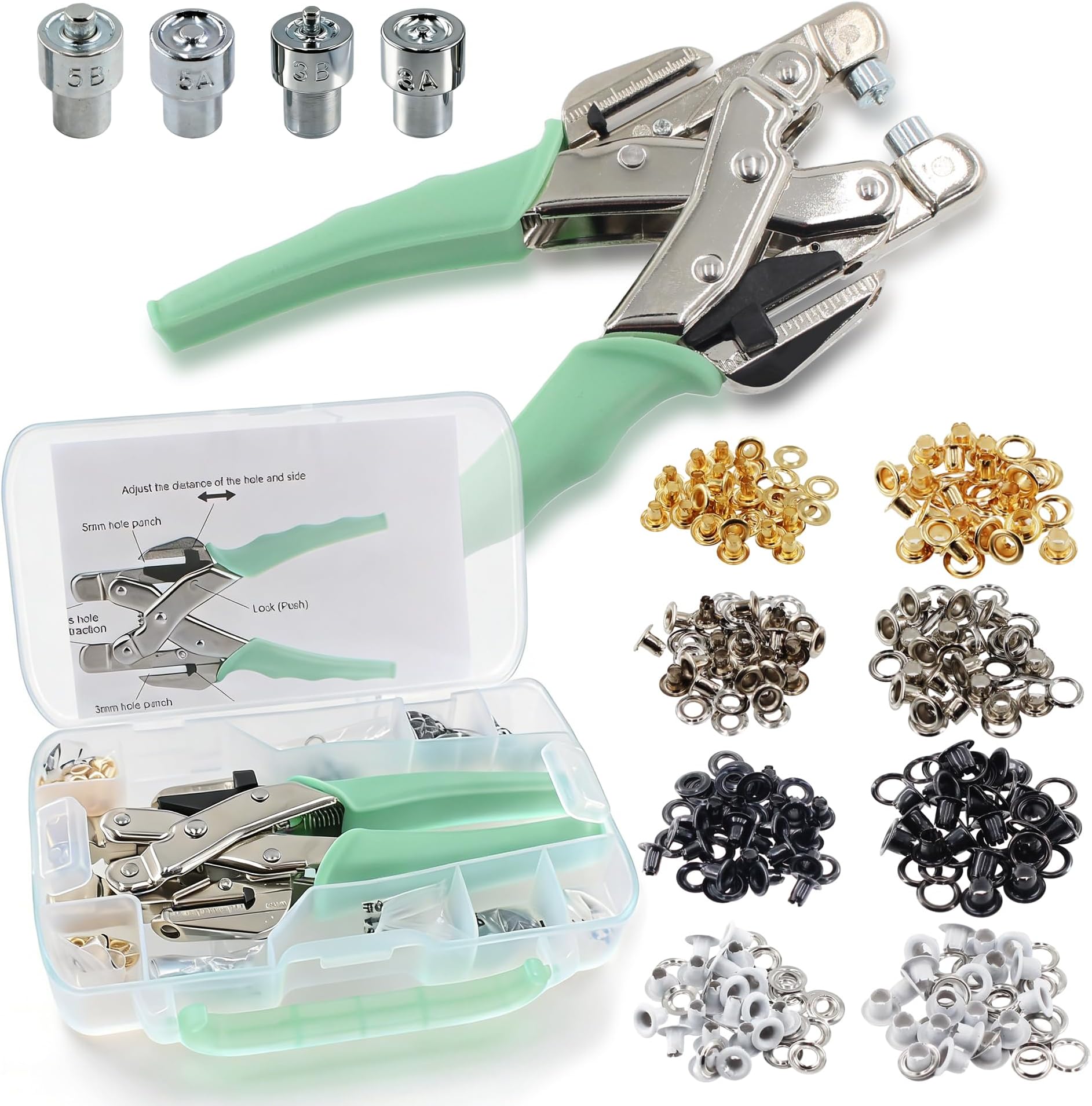 Grommet Eyelet Pliers Kit 3/16 1/8 Multi-Size Eyelets Hole Punch Plier with 160Pcs Metal Grommets Heavy Duty Eyelet Pliers Rivet Press Tool Set for Leather Tarps Clothes Belt Crafts