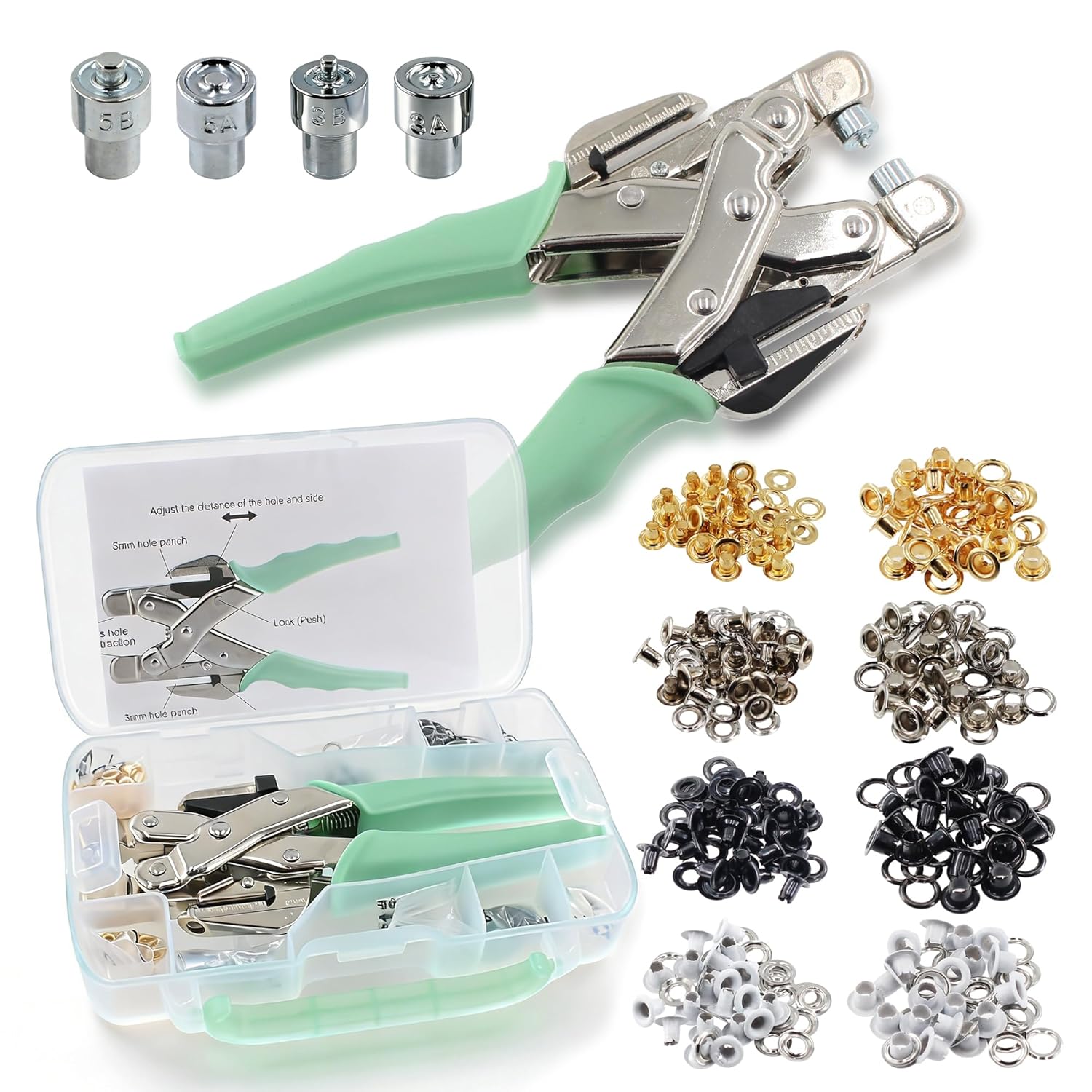 Grommet Eyelet Pliers Kit 3/16 1/8 Multi-Size Eyelets Hole Punch Plier with 160Pcs Metal Grommets Heavy Duty Eyelet Pliers Rivet Press Tool Set for Leather Tarps Clothes Belt Crafts