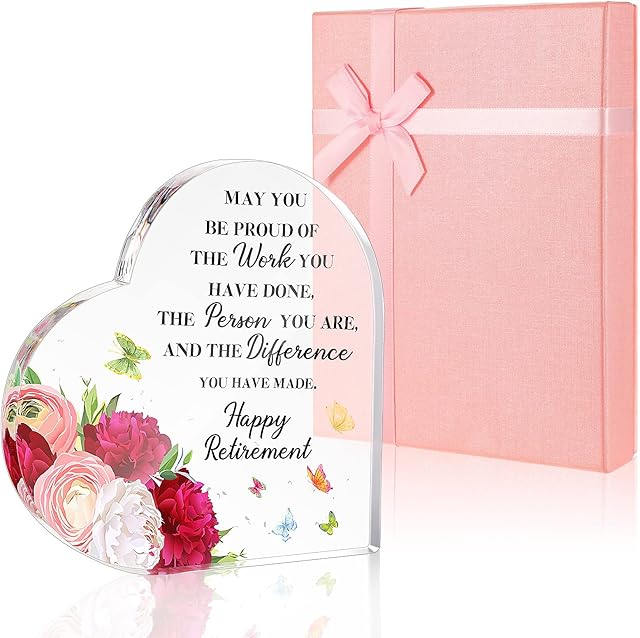 Retirement Gifts for Women Thank You Leaving Gifts Heart Shaped Acrylic Plaque with Pink Gift Box and Shredded Tissue Paper for Teachers Nurse Friend Colleagues Coworkers Keepsake Ornaments