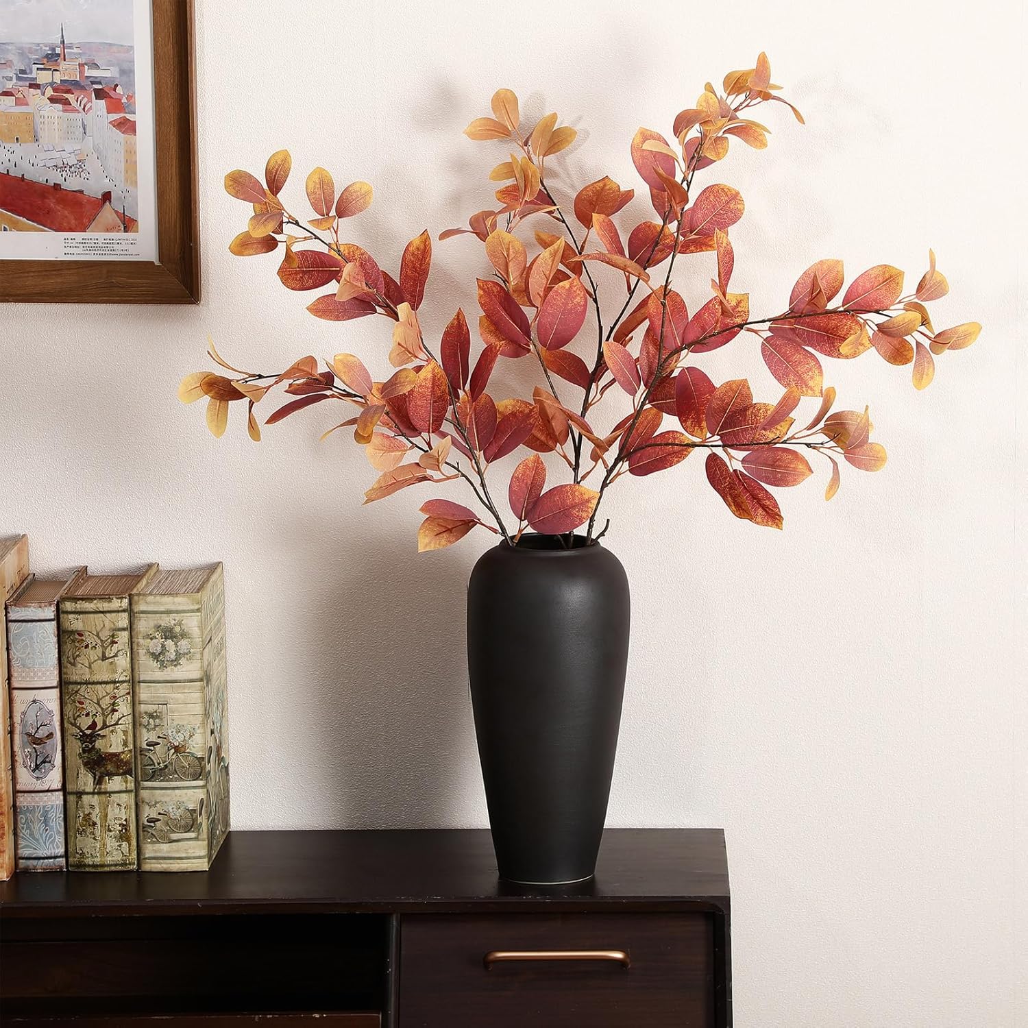 Janinka 33.5" Thanksgiving Stems for Vases Fall Artificial Leaves Decor Thanksgiving Silk Eucalyptus Stems Autumn Fake Greenery Branches for Mantel Farmhouse Table Centerpiece, 3 Pcs(Autumn Red)