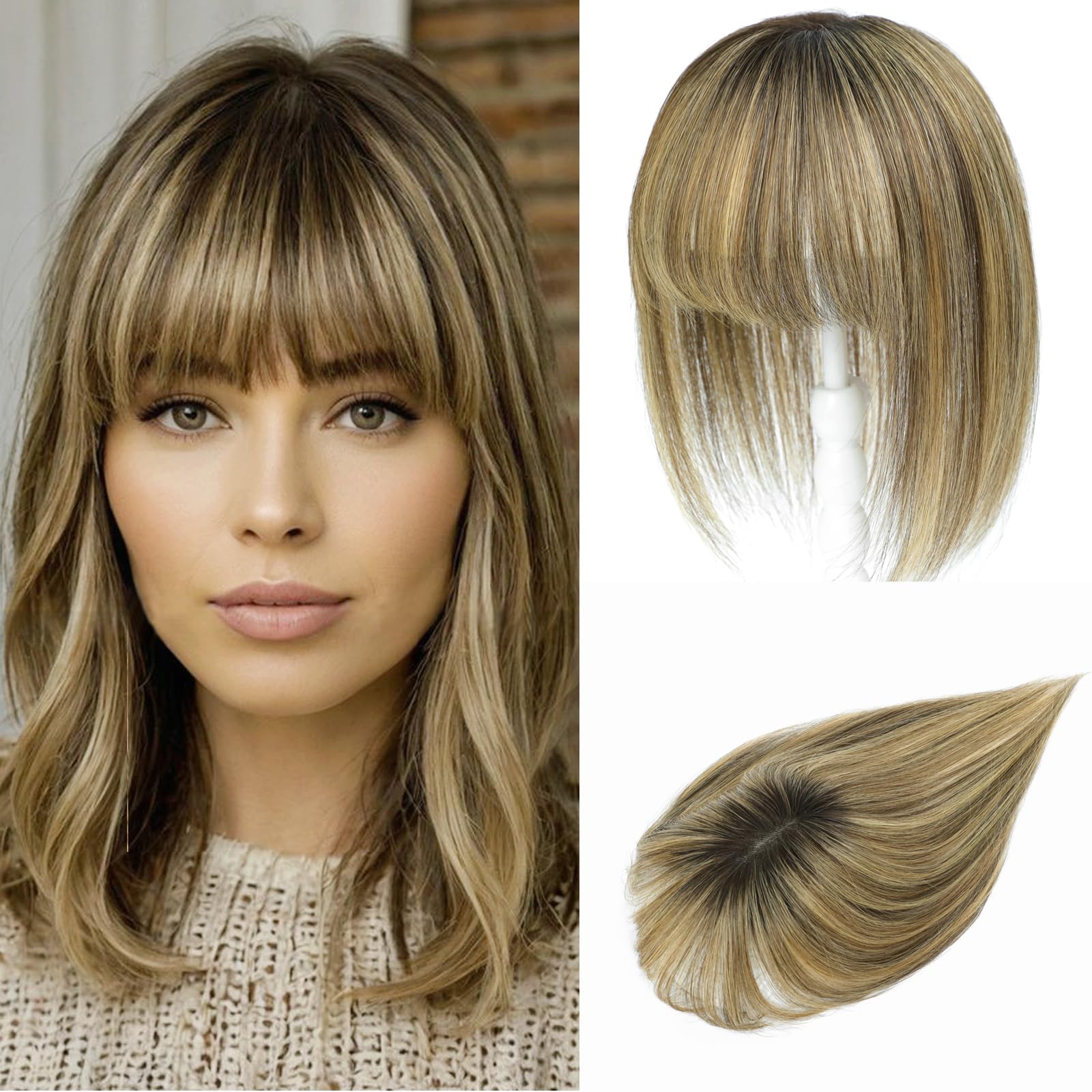 YAMI Human Hair Topper with Bangs, 10-Inch Swiss Base Hairpiece